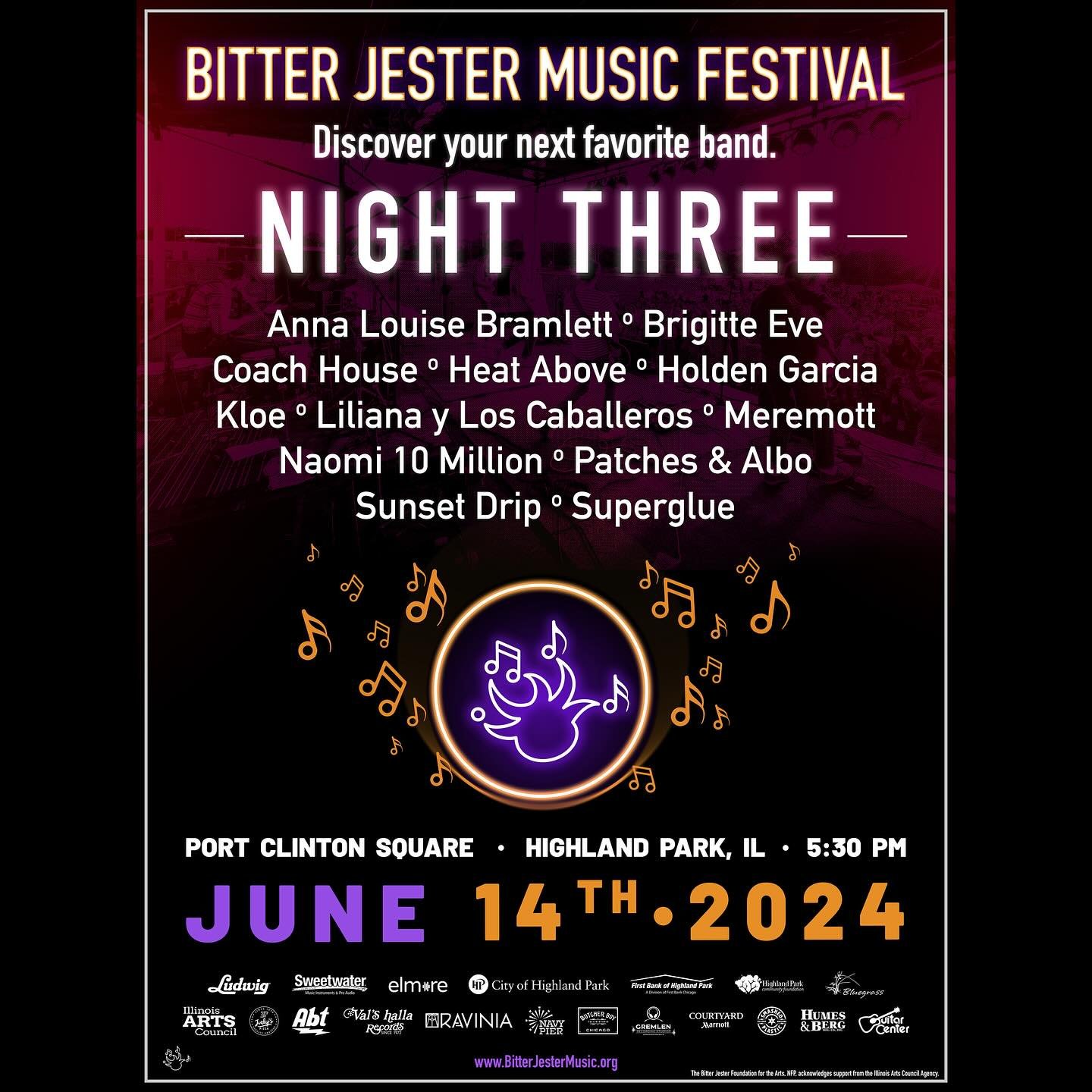 🎶 Bitter Jester Music Fest 2024 🎶 NIGHT THREE LINEUP! Discover your next favorite band at Bitter Jester. See you June 14 in Highland Park! More info in our bio link ⬆️ 

Night 03 Performers:

*OPENING GUEST ARTISTS*
@holdengarciamusic (IL)
@liliana