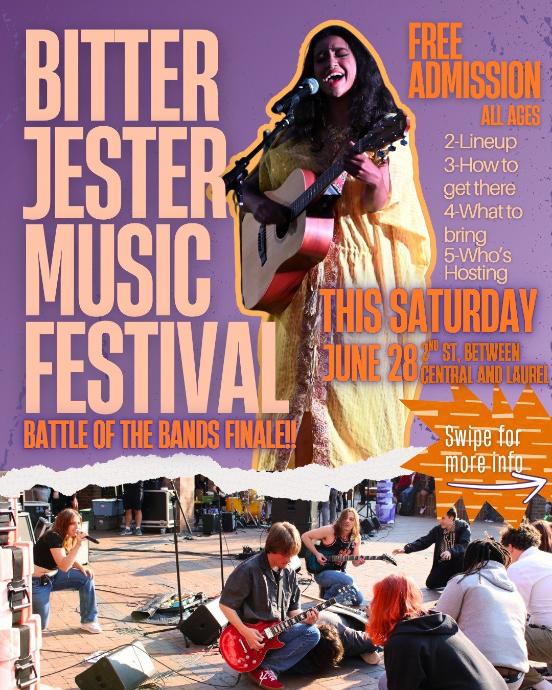 Be there or be 🟧!

Discover your next favorite band June 28 at the Bitter Jester Music Festival &ndash; follow along for updates! 💜

🙏@steepravinebrewingco @judyspizza @bwb_fishnchips @curtscafe 

🎤@waitwaitnpr @psagal @nic_degrazia 

🎶@cabin_fe