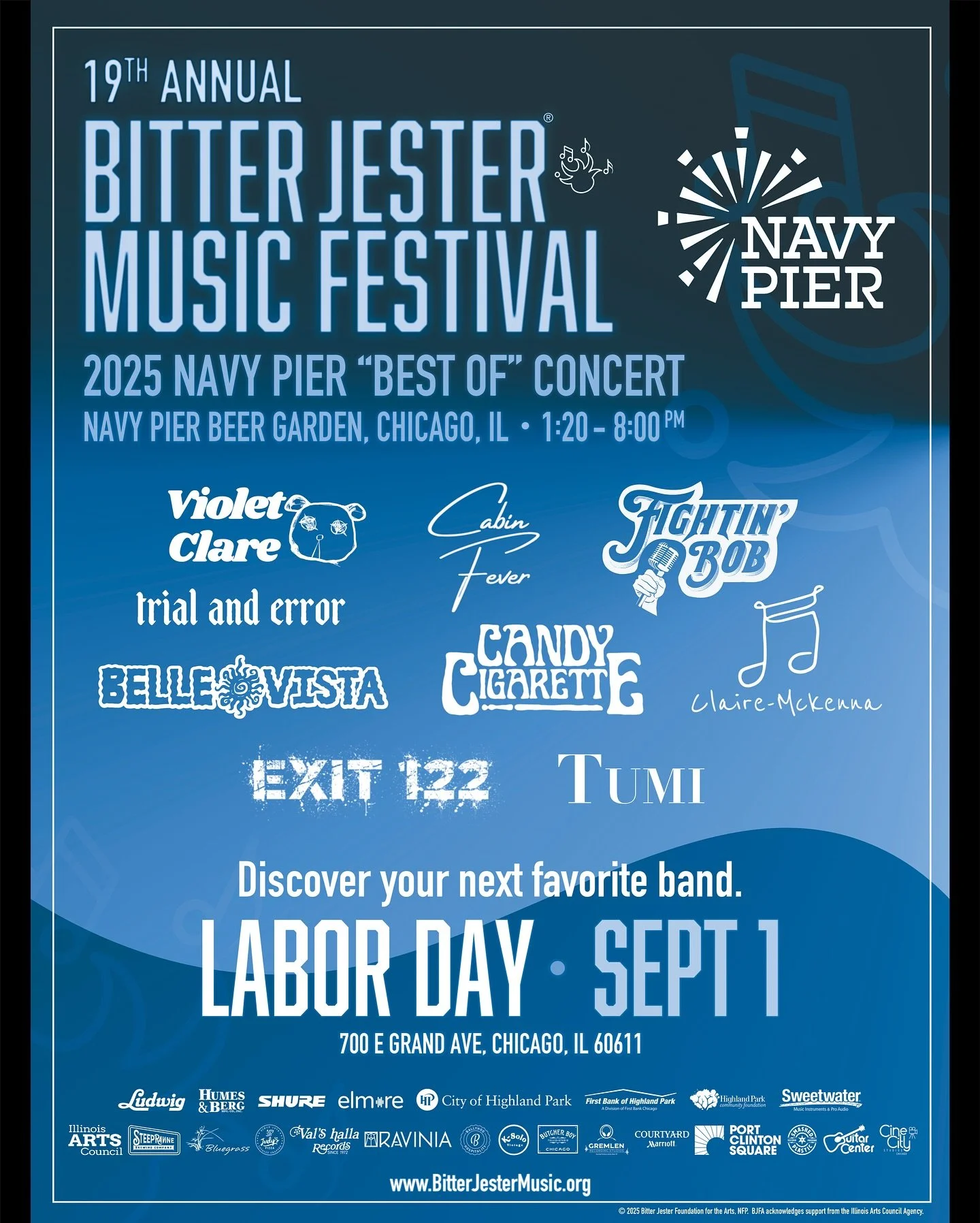 Discover your next favorite band at Navy Pier on LABOR DAY at the Beer Garden! Mon, 9/1, some of the best highlights from the 2023-25 Bitter Jester Music Festivals take the stage between 1:20 and 8pm right on the lake! &ndash; Follow along for update