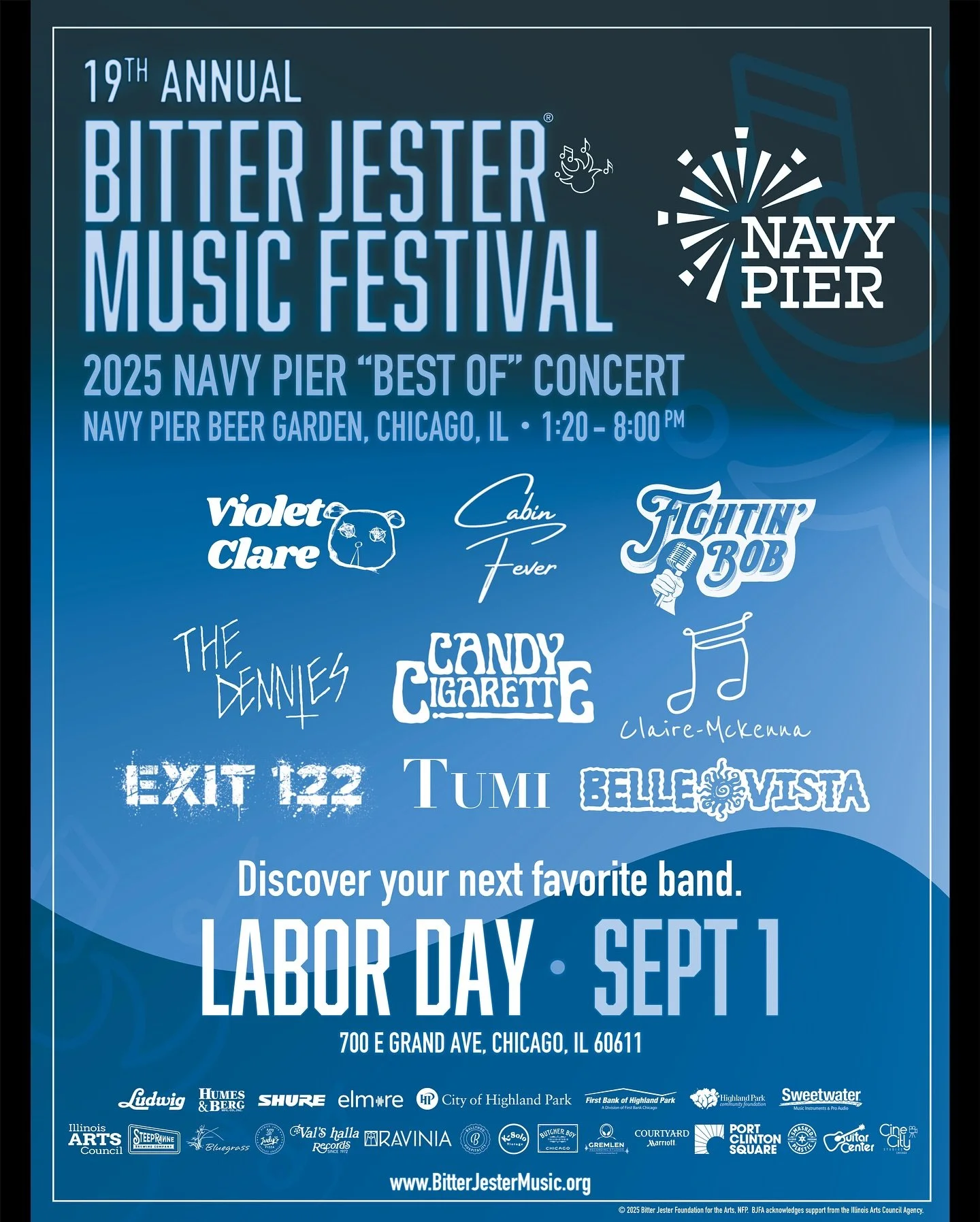 Discover your next favorite band at Navy Pier on LABOR DAY at the Beer Garden! Mon, 9/1, some of the best highlights from the 2023-25 Bitter Jester Music Festivals take the stage between 1:20 and 8pm right on the lake! &ndash; Follow along for update
