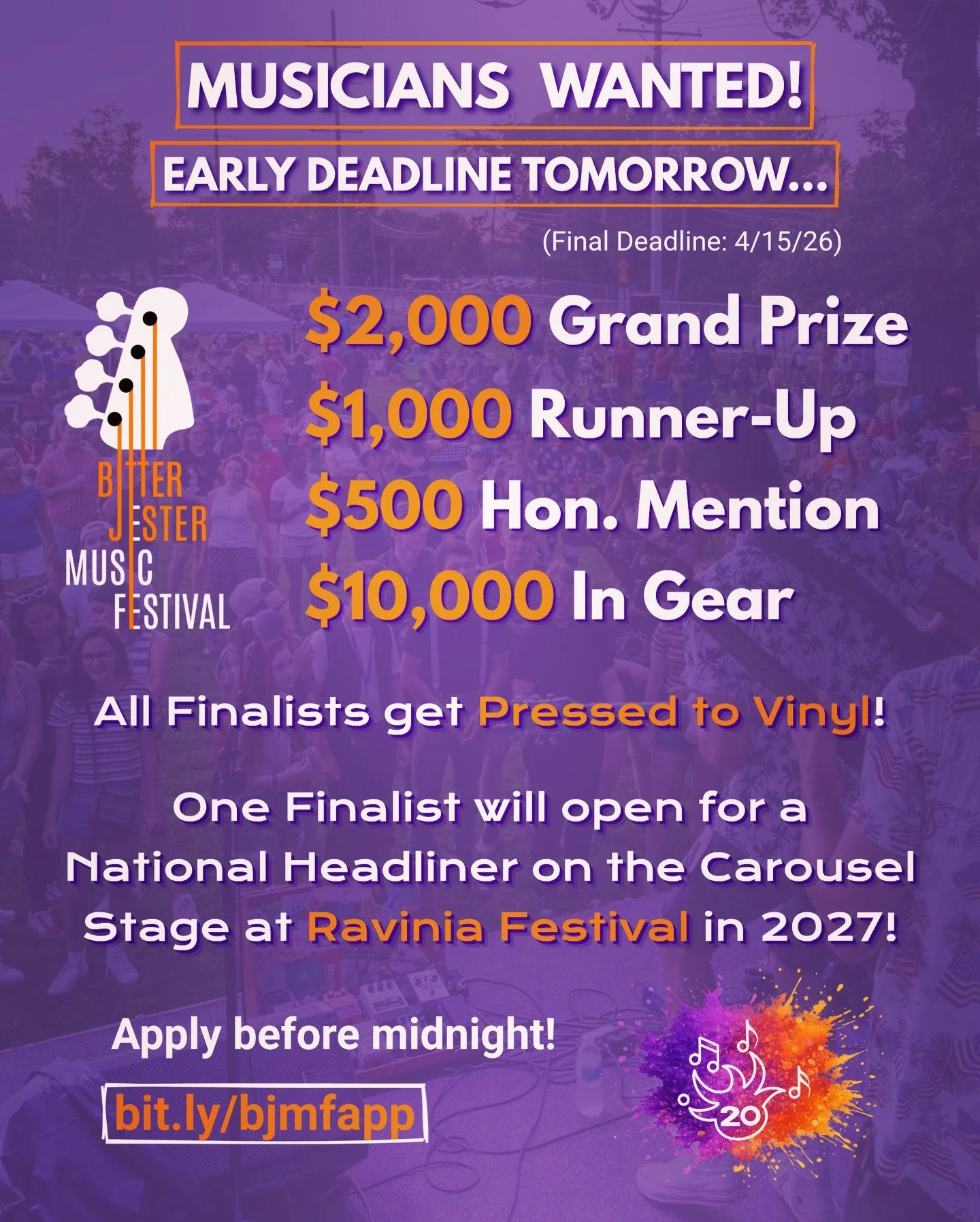 EARLY DEADLINE 3/1! Bitter Jester is accepting applications for its 20th Anniversary Music Fest in Chicagoland. 🎶 All genres welcome! Only requirement is at least half the members of an applying band must be under 22 (solo artists must be 21 or youn