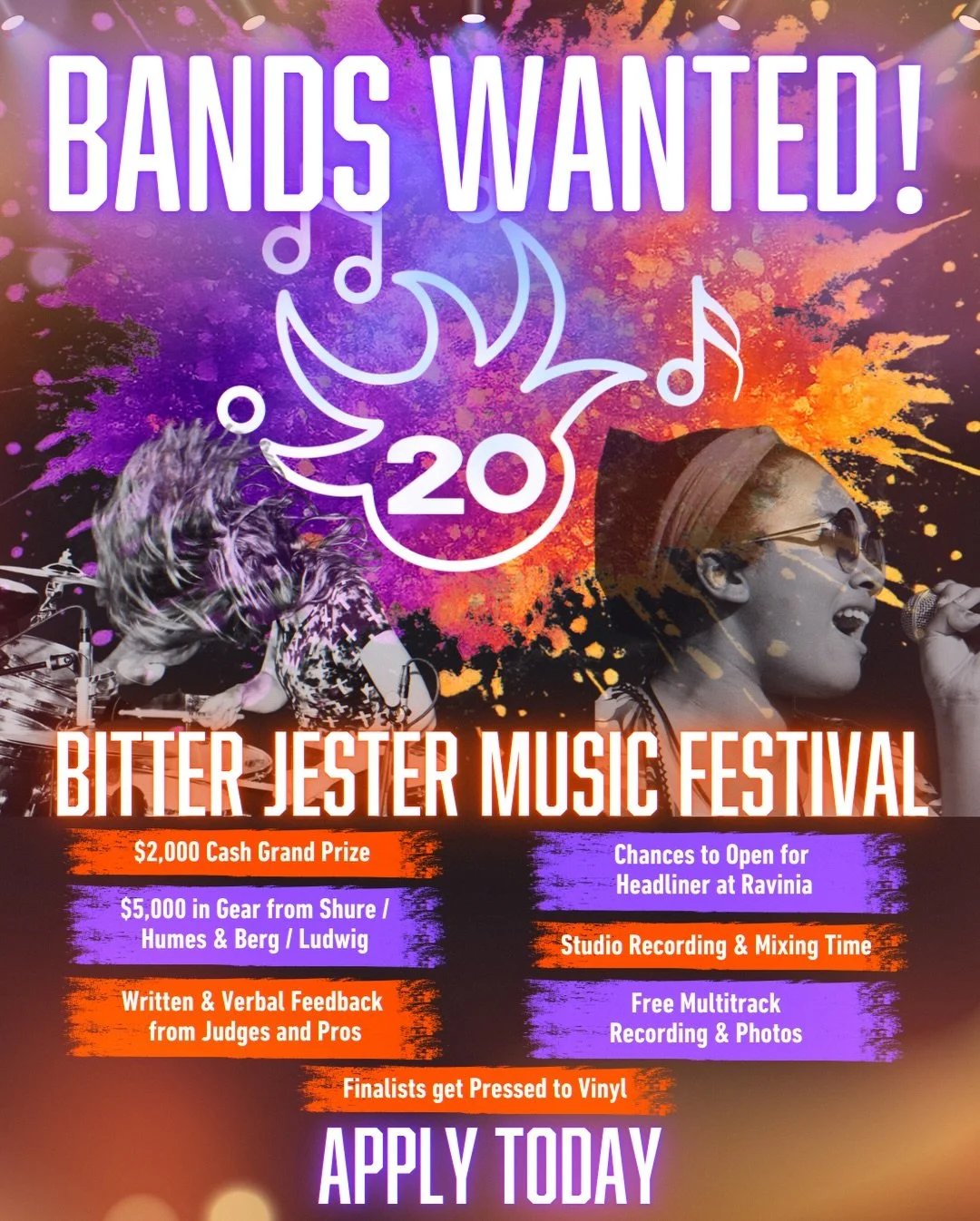 TAG YOUNG BANDS! Bitter Jester is seeking musical acts for its 20th SEASON! All genres welcome. 🎶 Only requirement to apply is at least half the members of a band must be 21 or younger (i.e. under the age of 22); Solo artists 21 or younger are also 