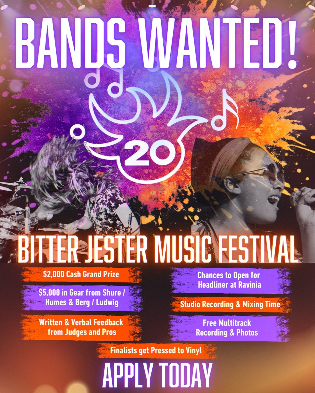 TAG YOUNG BANDS! Bitter Jester is seeking musical acts for its 20th SEASON! All genres welcome. 🎶 Only requirement to apply is at least half the members of a band must be 21 or younger (i.e. under the age of 22); Solo artists 21 or younger are also 