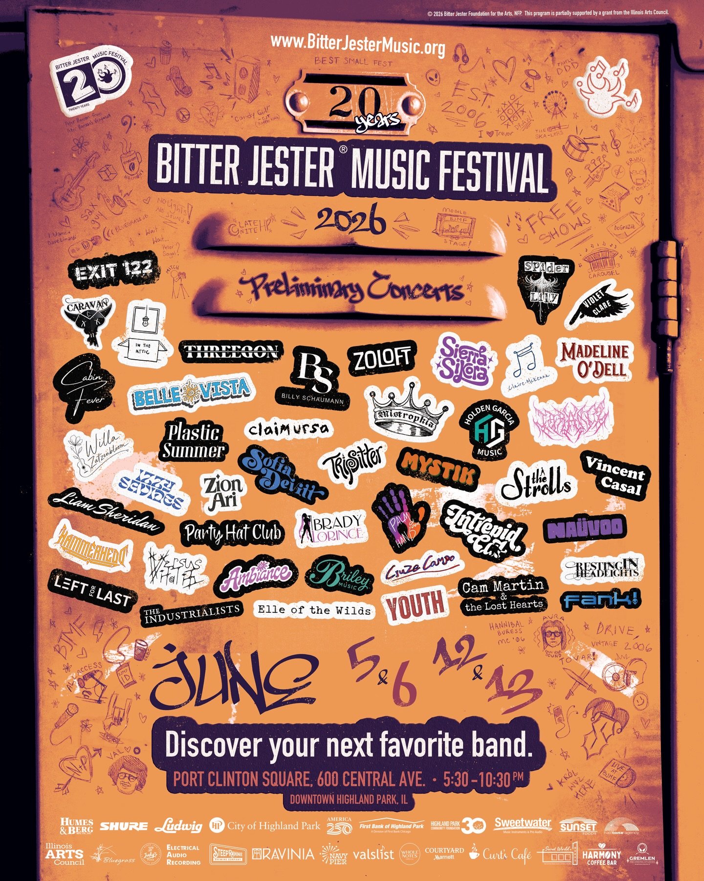 OFFICIAL 20th ANNIVERSARY LINEUP!! Discover your next favorite band at Bitter Jester in Downtown Highland Park this June:

44 bands &amp; soloists representing dozens of states will descend upon Chicago&rsquo;s North Shore this season. Kick back with