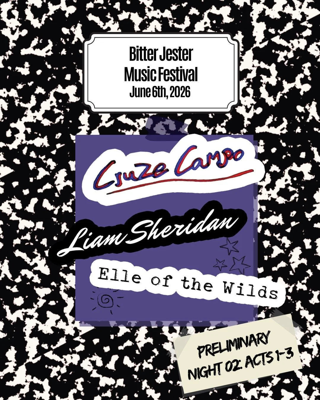 Welcome to NIGHT TWO of the 2026 Bitter Jester Music Festival! We&rsquo;re starting off strong with Guest Artists Liam Sheridan and Elle of the Wilds, then jumping into the competition with our first competing band of the night, Cruze Campo!
🧡
@liam