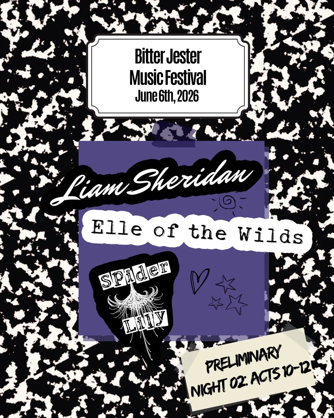 We are ending Preliminary Night Two of Bitter Jester with Showcase talent from Spider Lily, and two more performances from Guest Artists Elle of the Wilds and Liam Sheridan.

💜 @spider.lily.band is an Illinois-based indie band composed of lifelong f