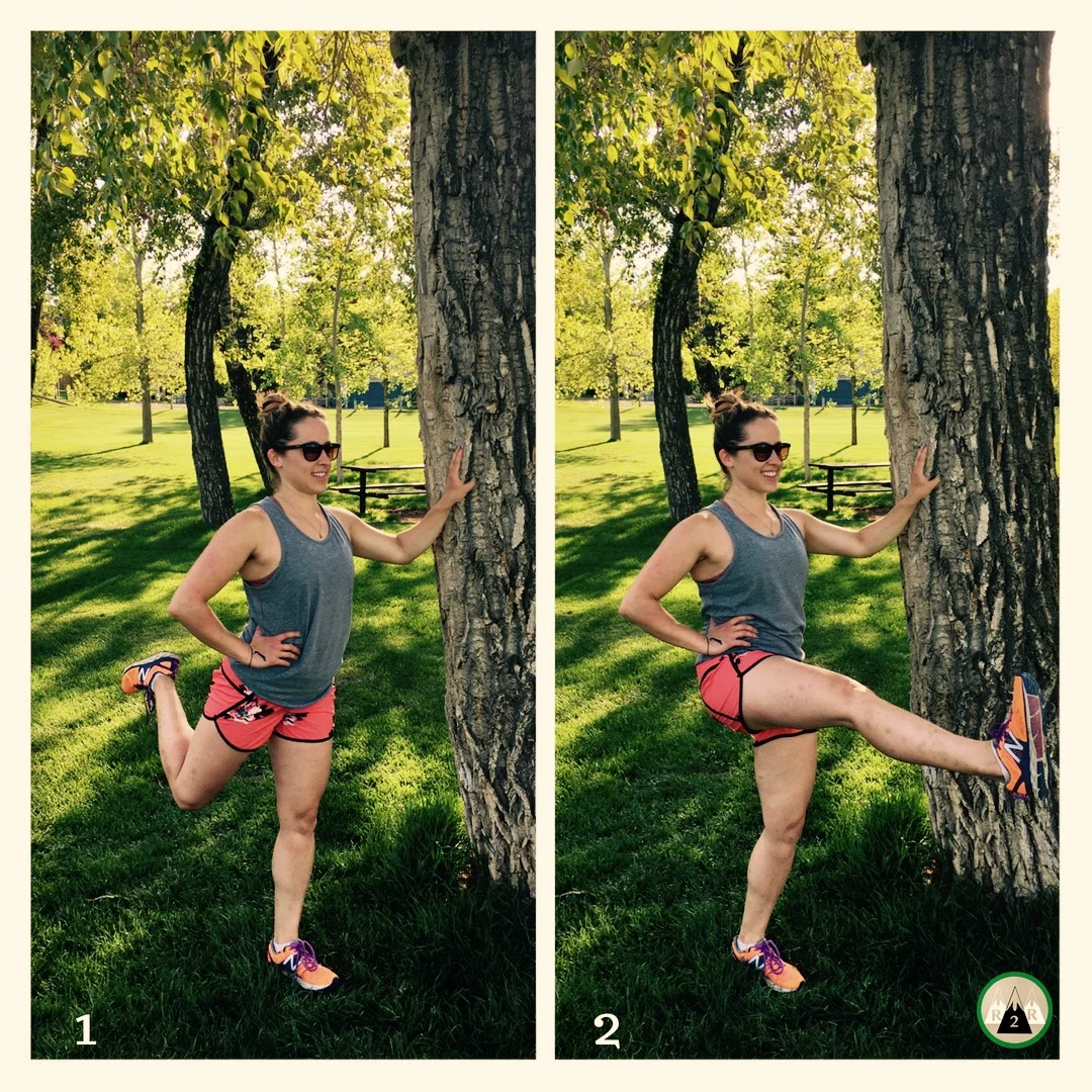 Leg Swings Front to Back. Warming up quads and hamstrings. Also targets the hips. 12-15/side