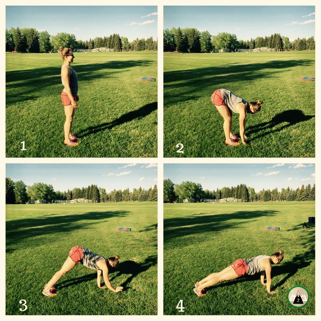 Inchworms: Warming up your shoulders, core, hamstrings and calves. Keep your heels down as much as you can to get a good calf stretch. Maintain a neutral spine. Once you walk out to a high plank, then take small steps walking your feet up to your hands. 4-5 reps. 