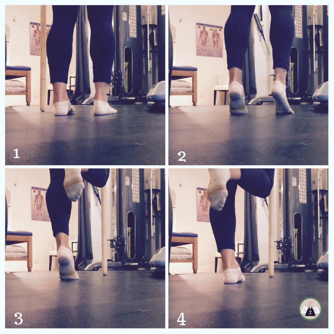 Eccentric Calf Raises: Start by standing on both feet and then press up onto your tip toes. From there balance on one foot and then slowly lower down back to the ground using only the one foot. You can stand in front of a wall or hold onto a chair to stay balanced. Do 2 sets of 12-15 reps/side. To target your soleus more, you can do this exercise seated and place a weight onto your knees.