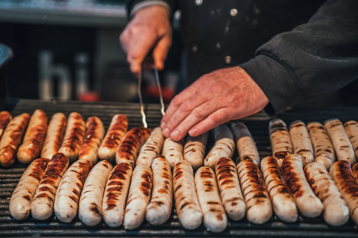 Thuringian sausages being grilled Leuchtenberg Castle Christmas Market 