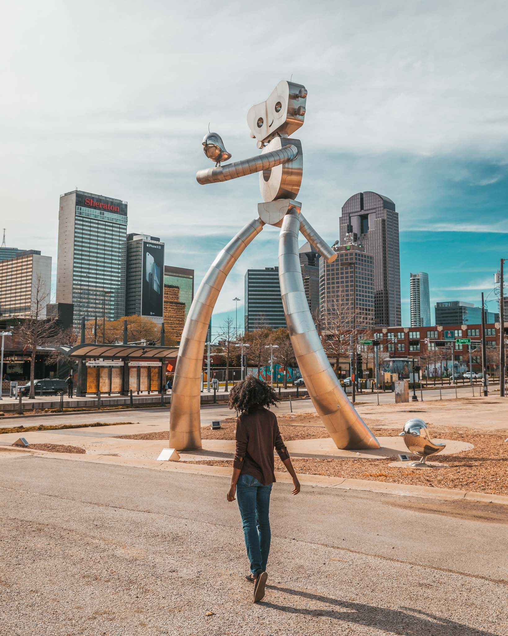 Traveling Man sculpture in Deep Ellum, Dallas, Texas