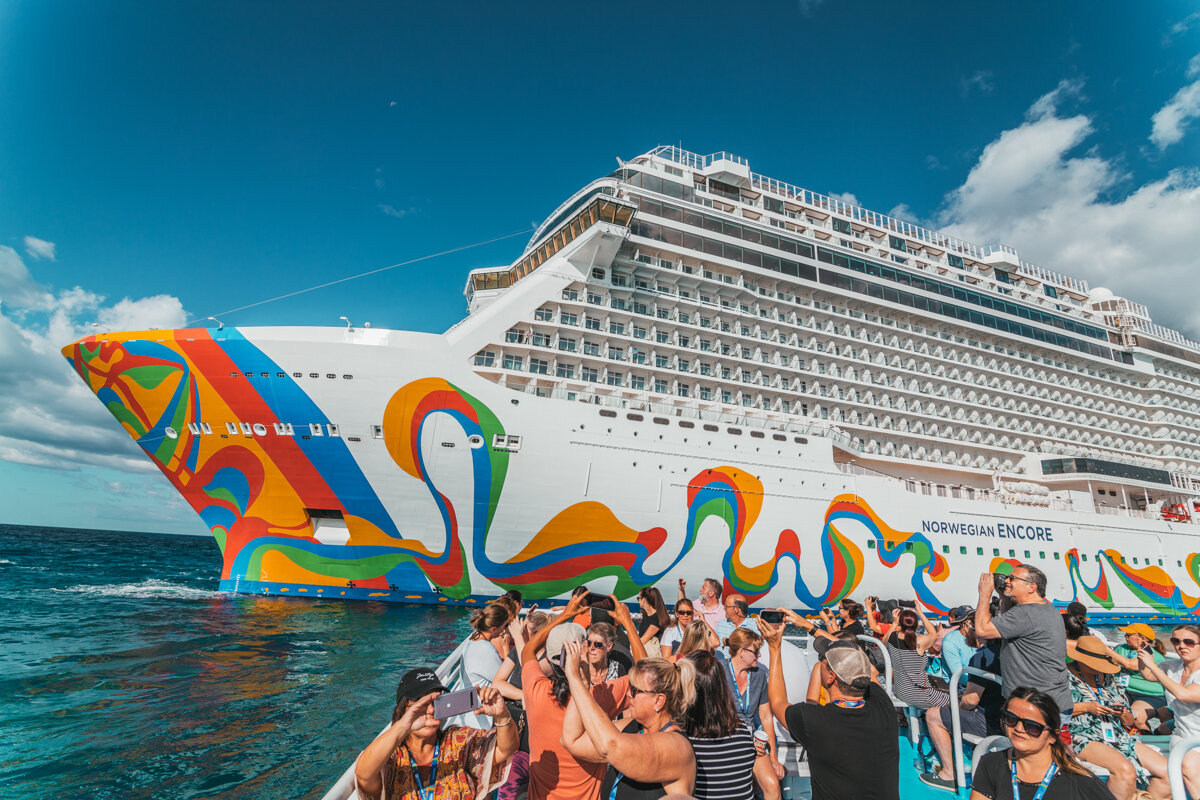 View of the Encore from the tender // Cruise Review: Onboard the Norwegian Encore // #readysetjetset #cruise #cruisereview #cruising #caribbean #bahamas #norwegian #ncl #travel #blog