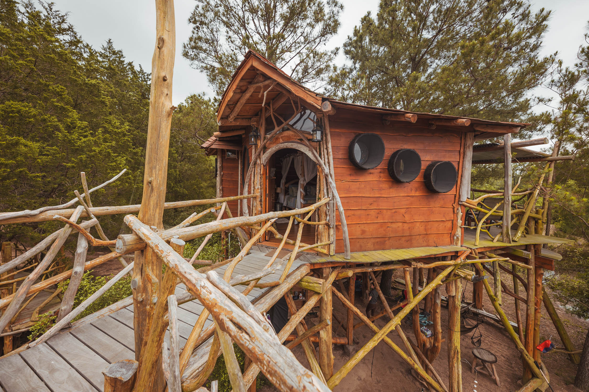 The Hobbit's Nest Treehouse in Bastrop, Texas; dog friendly glamping near Austin