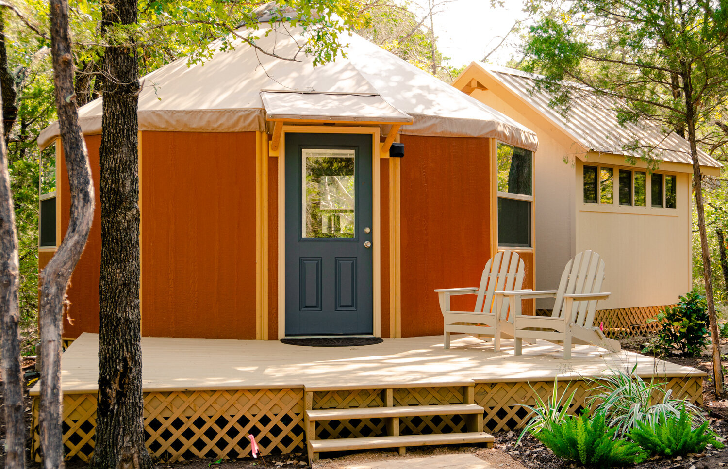 The Copper Lily yurt at the Reserve at Greenleaf in Bastrop, Texas; dog friendly glamping near Austin