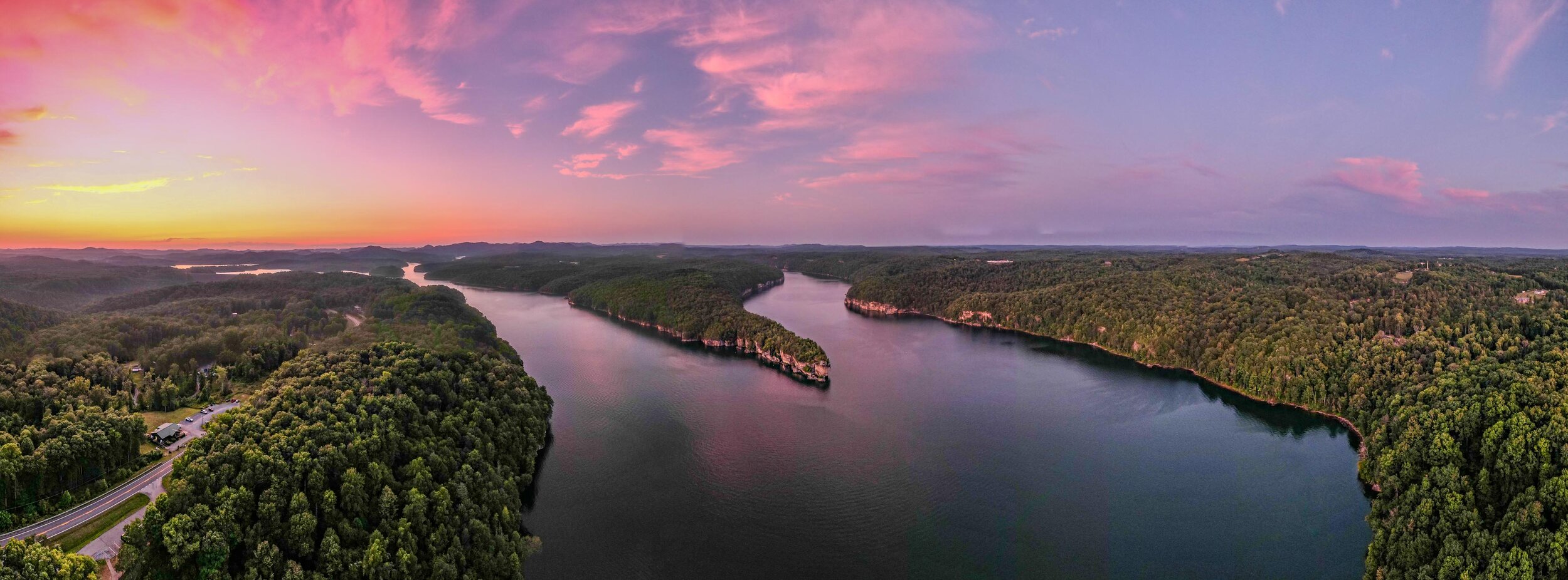 Long Point Overlook Summersville Lake sunset by drone // The Weekend Getaway Guide to West Virginia