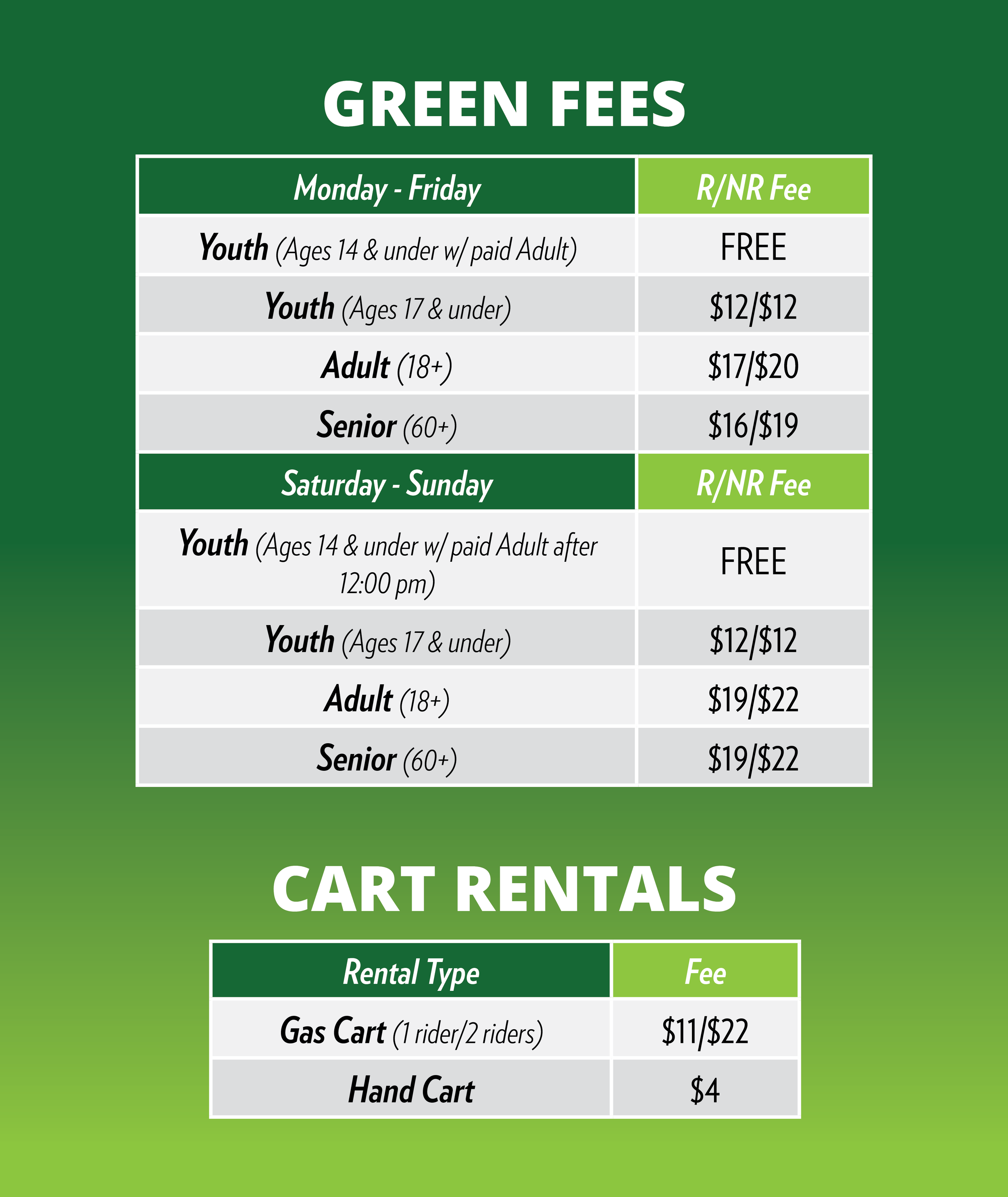 Fees, Rentals & Specials — Lombard Golf Course