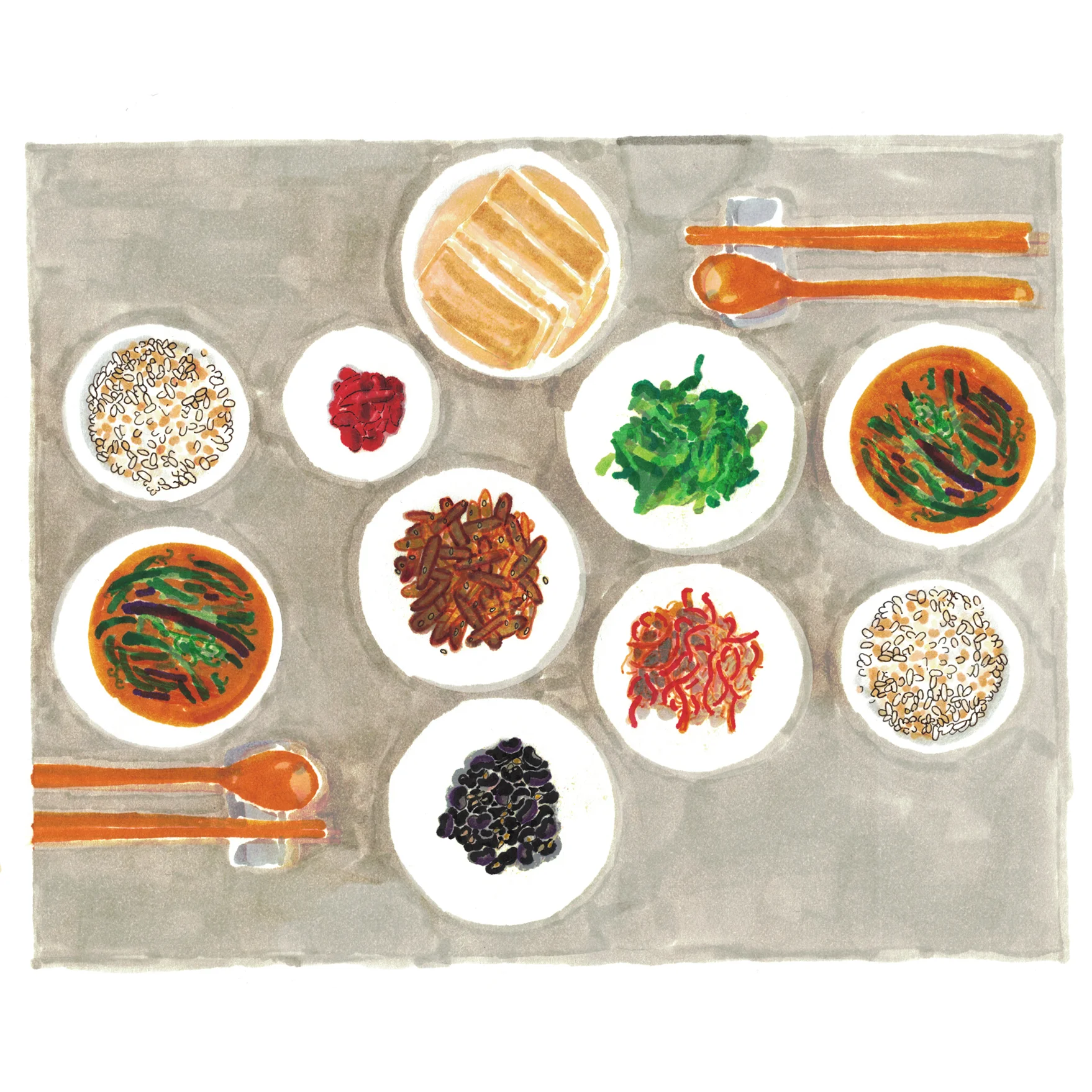 A table loaded with rice, tofu, braised burdock, braised black soybeans, bracken soup, sseumbagui and spicy fermented squid.