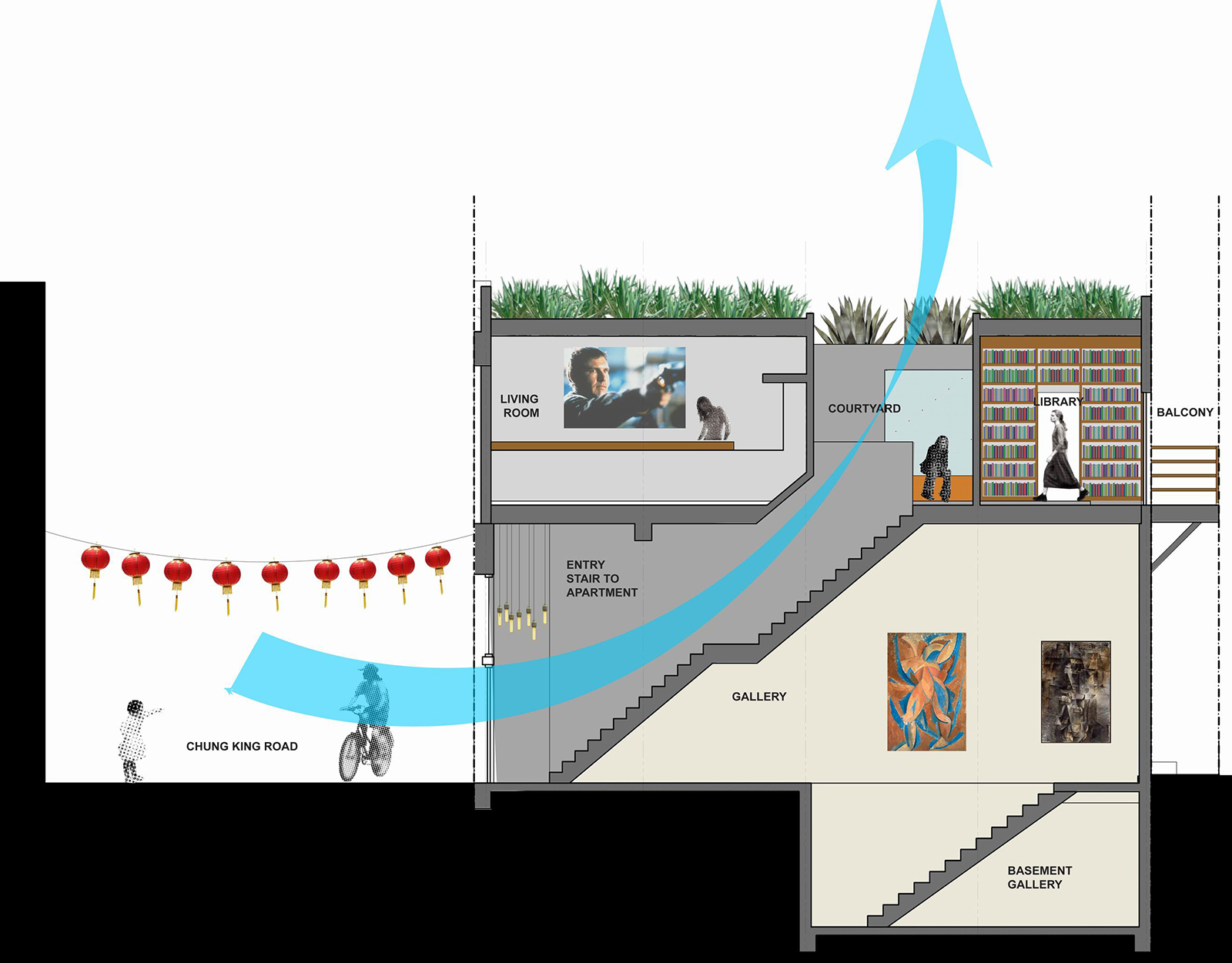 The apartment is designed to stay cool without the use of air conditioning by taking advantage of the natural convection current which occurs as warm air rises from the street, up the stairs, and out through the courtyard.