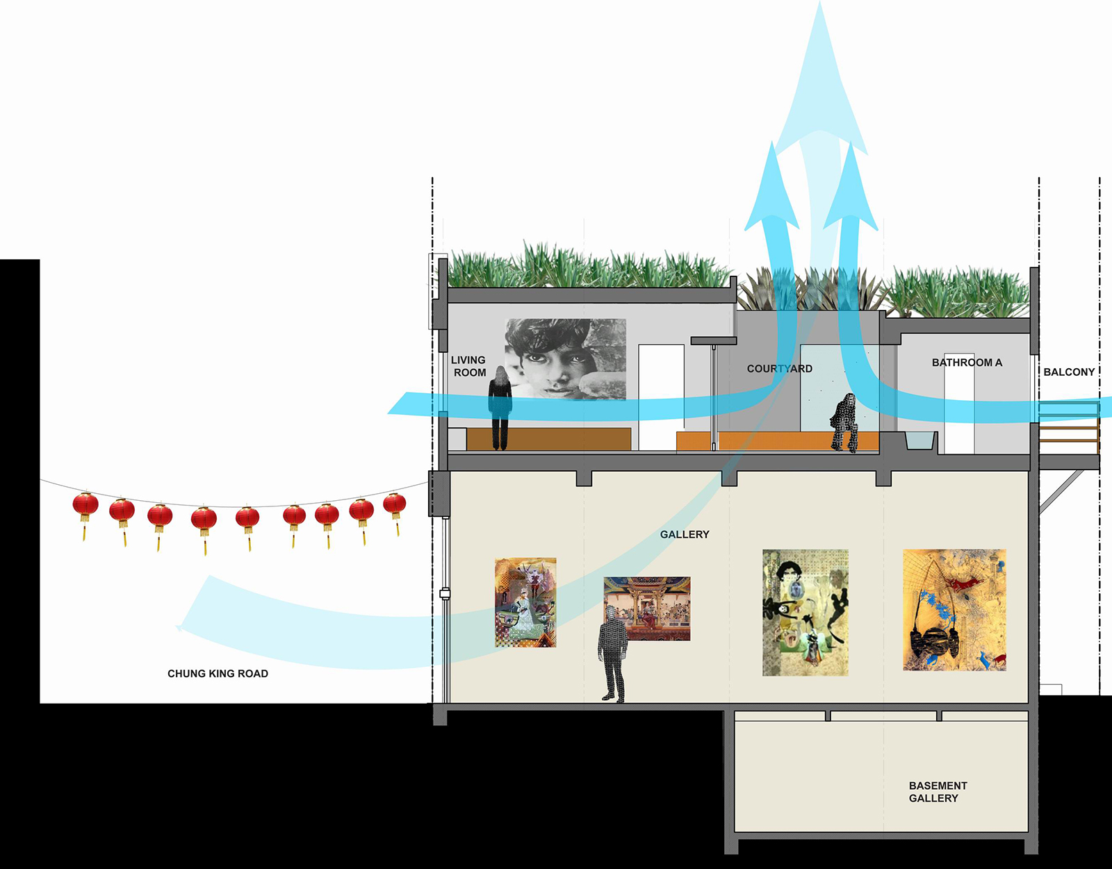 All of the interior rooms facing the courtyard are designed to encourage cross-ventilation, such that the convection current rising through the courtyard will draw warm air up and out of the apartment interior.