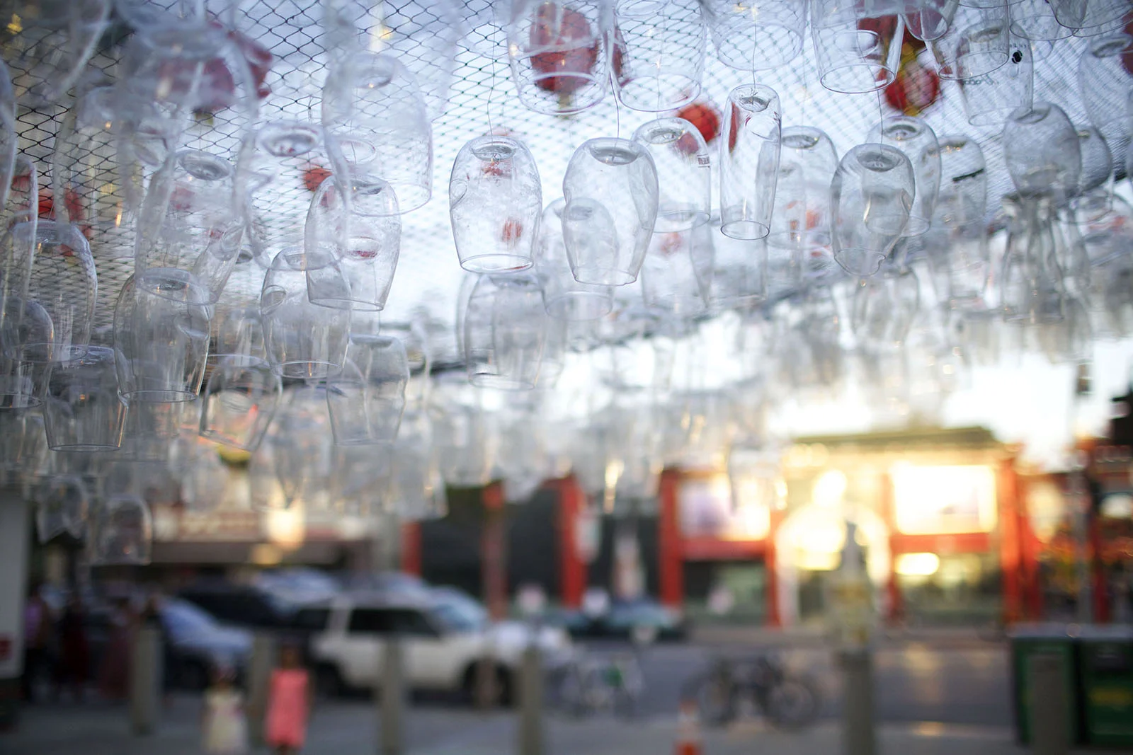 A detail view of the suspended glasses