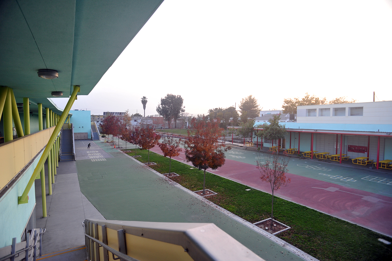   View across campus looking down at the playing fields.  