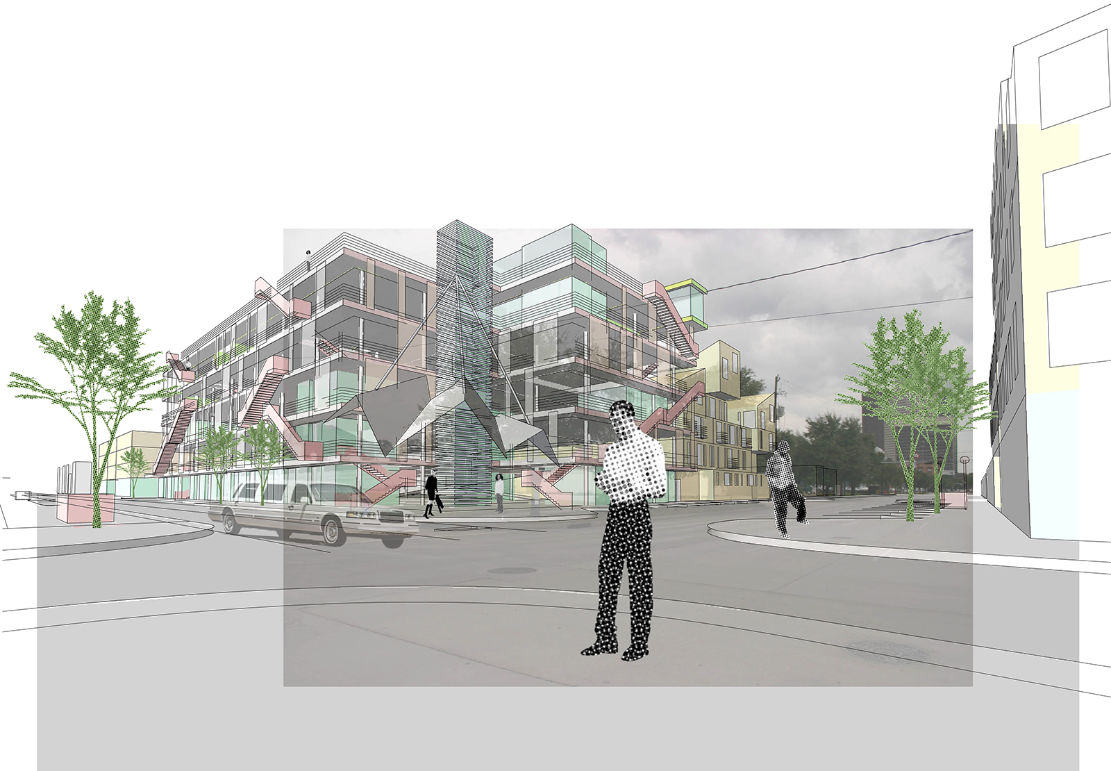 Ultimately, these parking infrastructures could not only be inserted at strategic points within the city to create small scale self-sustaining neighborhood conditions and stimulate nodes of development, but also phased in over a longer term to create continuities and networks of parking facilities, neighborhoods and uses that would over time create a unique dense urbane character for Midtown.