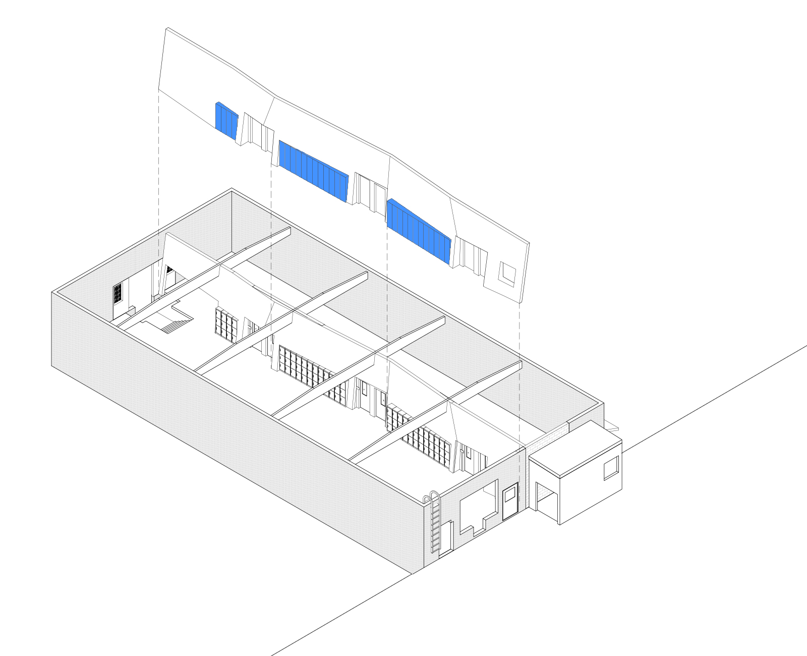 The insertion of the articulated locker wall defines circulation.