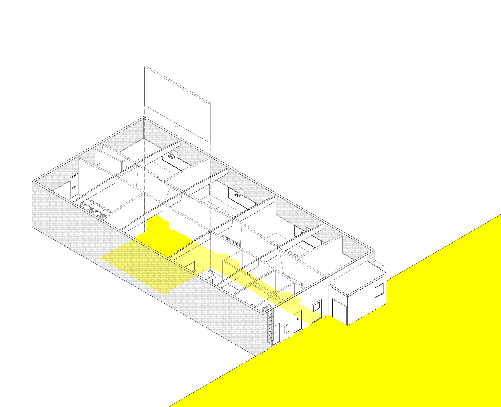The removal of the wall defining one classroom creates an open lounge space while maintaining the ability to create a future classroom. This lounge space allows the public, social space of the campus to penetrate and activate the building.