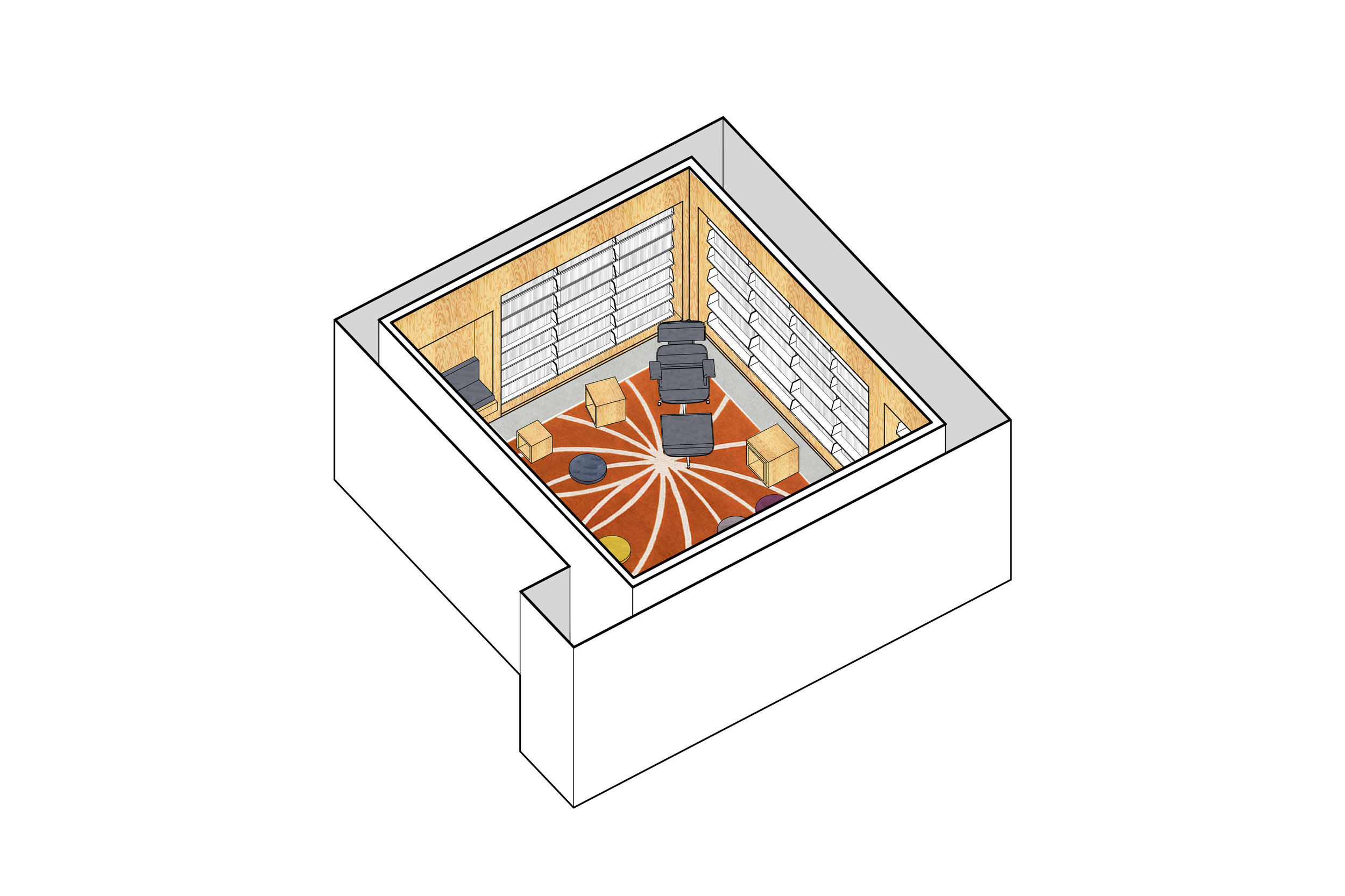 In order to create an inviting space, furniture was added for places to sit, contemplate, and experience the poetry.