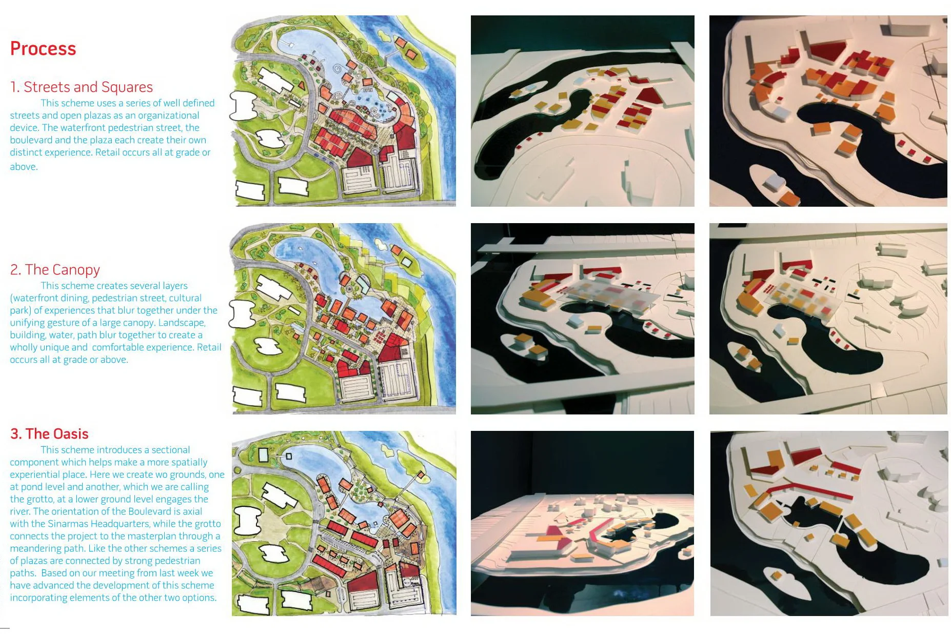 The main scheme revolves around design of the streets and squares, the retail canopy, and the natural oasis.