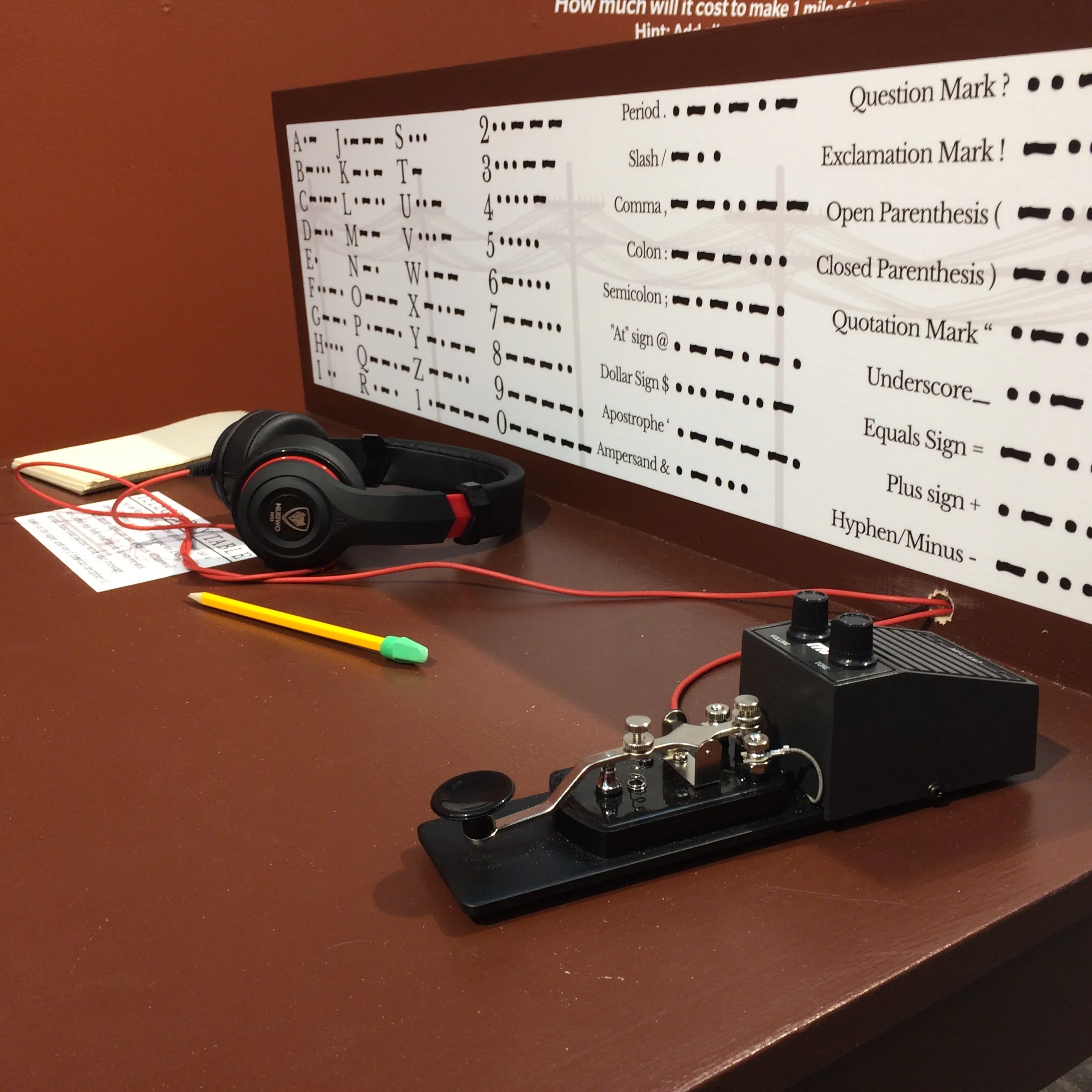 Guests can send Morse code messages with one another at the Telegraphy table.