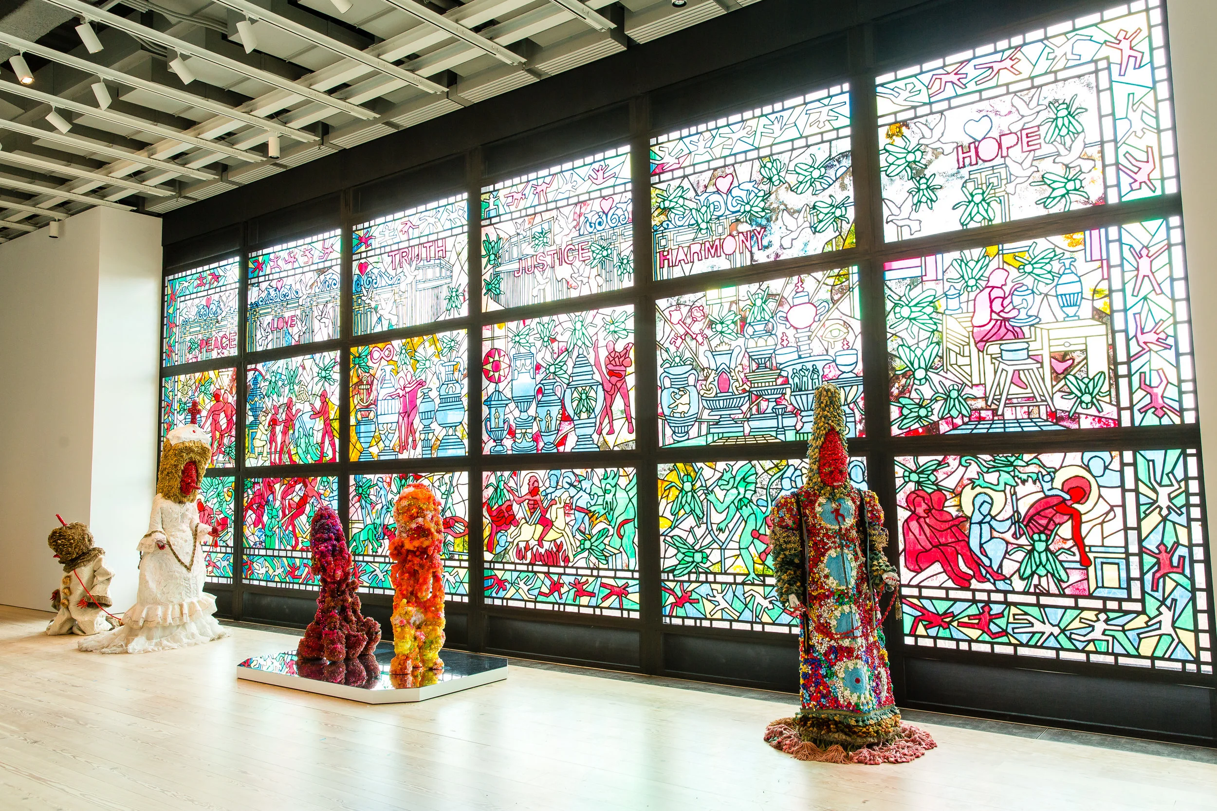 Raúl de Nieves, Somos Monstros , 2016. Cloth patches, fabric, and mannequin, 79 x 26 1/2 x 18 1/2 in.