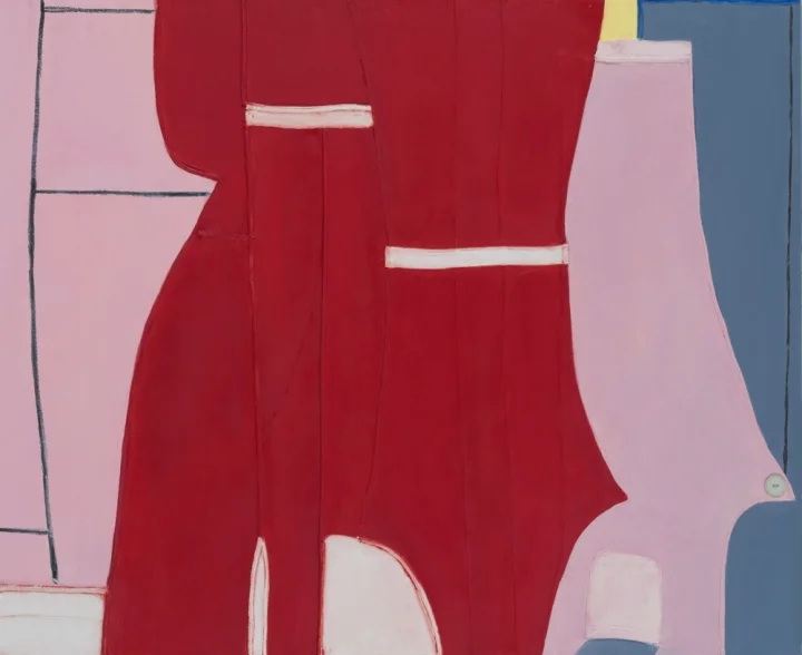 Medrie MacPhee, “In the Red” (2017), oil and mixed media on canvas, 45 x 55 inches (all images courtesy Tibor de Nagy Gallery)