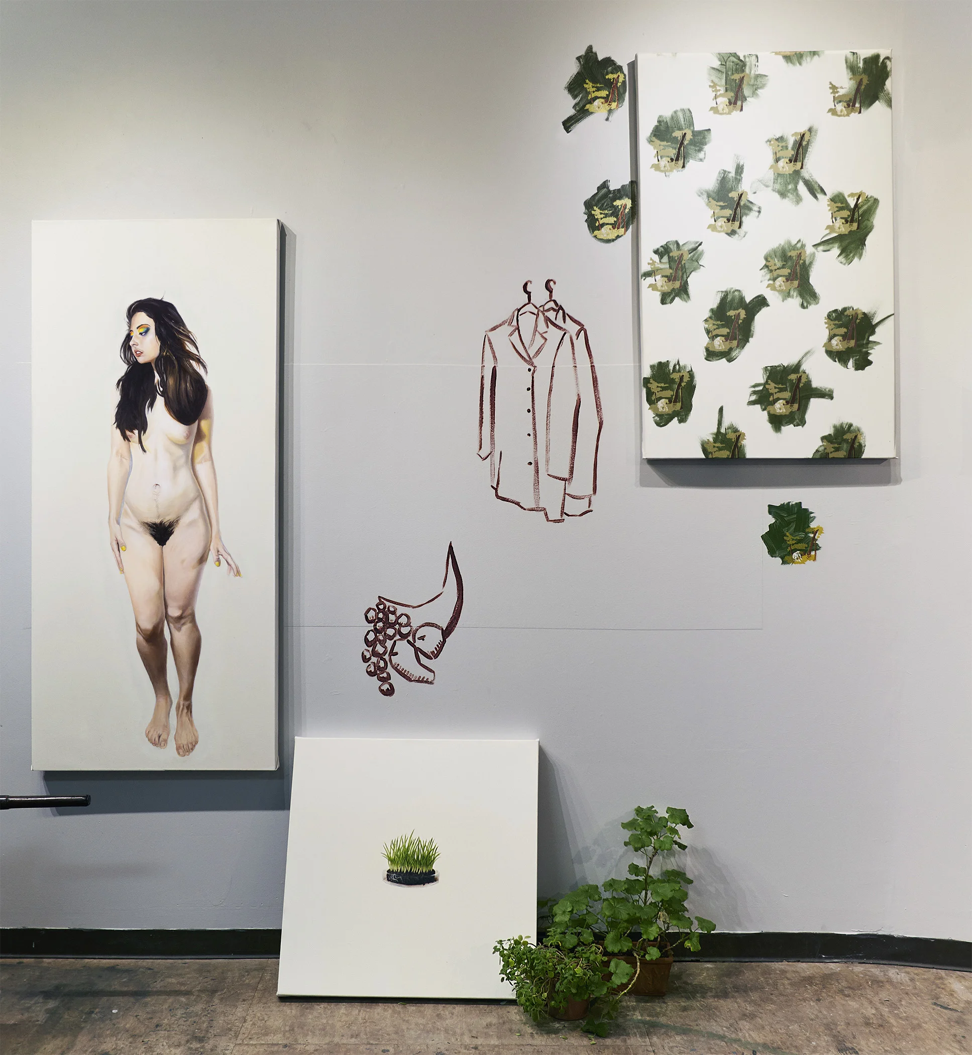 Phil Rabovsky. Luncheon on the Grass: How I Thought Audrine Wanted Me to Paint Her Before I Realized She Attached Different Meanings to Her Words (2017). Oil, acrylic, and silkscreen on canvas; plants.
