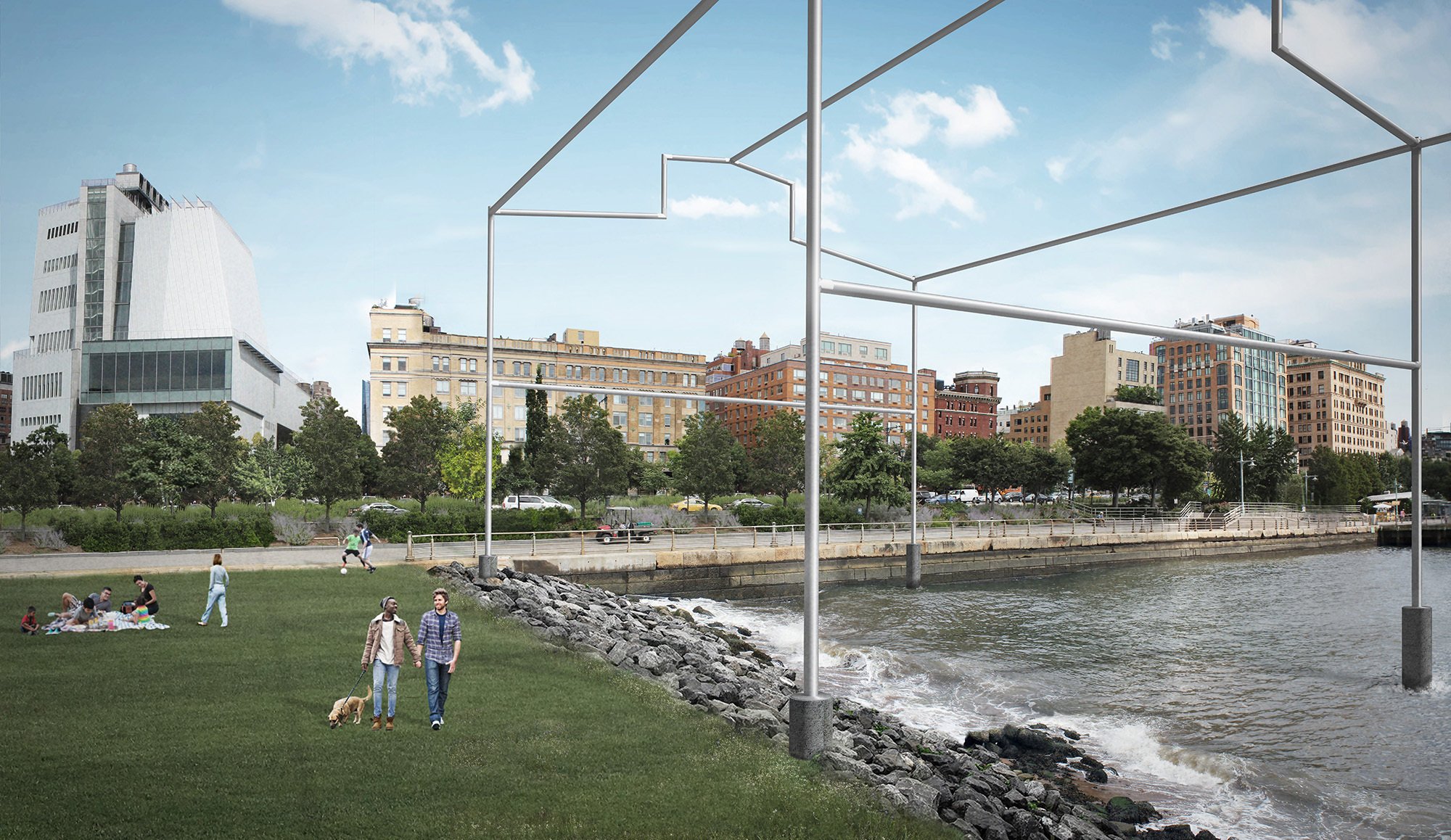 A rendering of “Day’s End,” a proposed public art installation by David Hammons that would enter the Hudson River near the meatpacking district. On left, the Whitney Museum of American Art. Guy Nordenson and Associates
