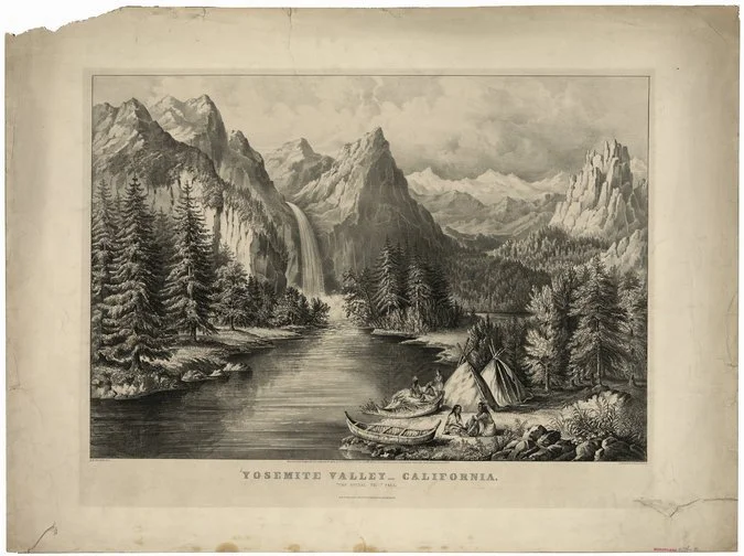 An 1866 Currier & Ives lithograph depicting Native Americans in Yosemite, with Bridalveil Fall in the background. CreditCurrier & Ives, via Library of Congress