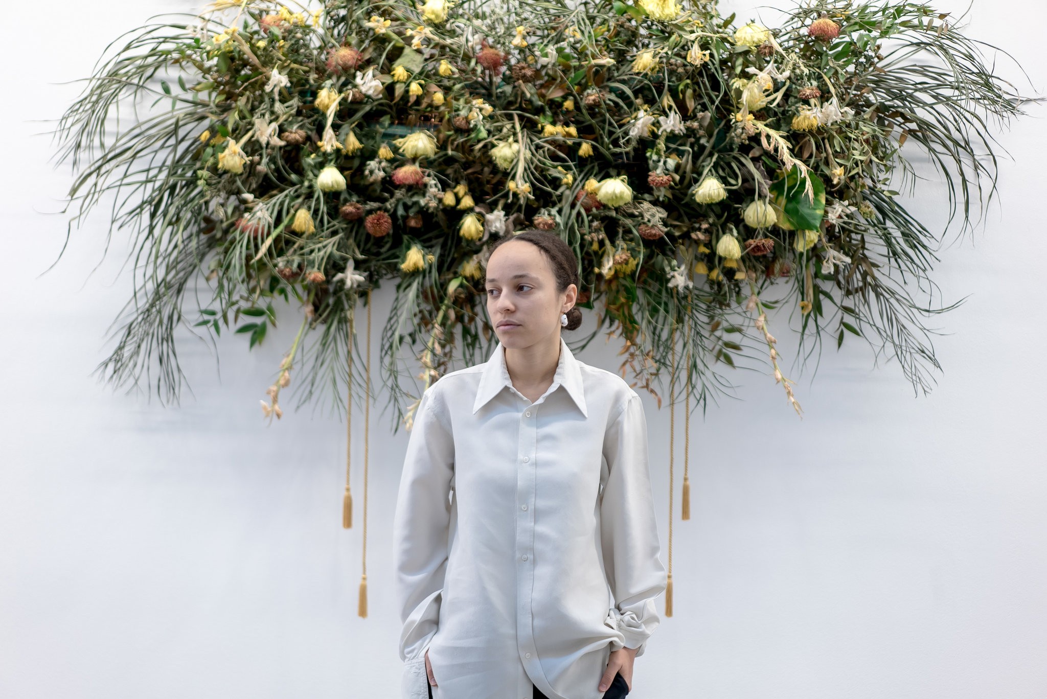 The designer Grace Wales Bonner at the Serpentine Sackler Gallery in London, where her exhibition "A Time for New Dreams" is on display. Credit Andrew Testa for The New York Times