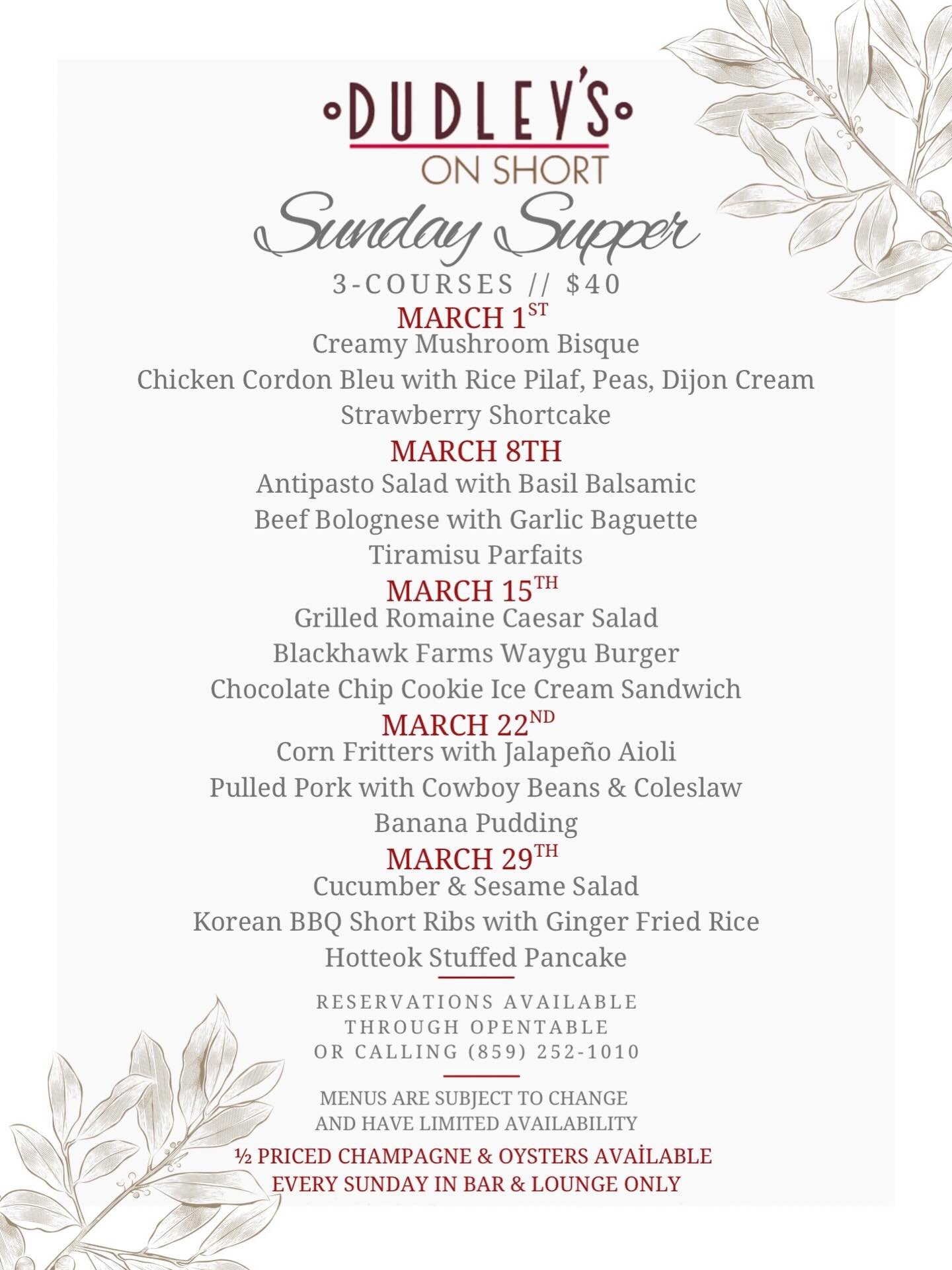 Sunday Supper just got a whole lot better! Chef Hannah Coffey's March menus are here! Make sure to reserve your spot through OpenTable or give us a call at (859) 252-1010 - don't wait, quantities are limited!

#dudleysonshort #visitlex #lexeats #lext