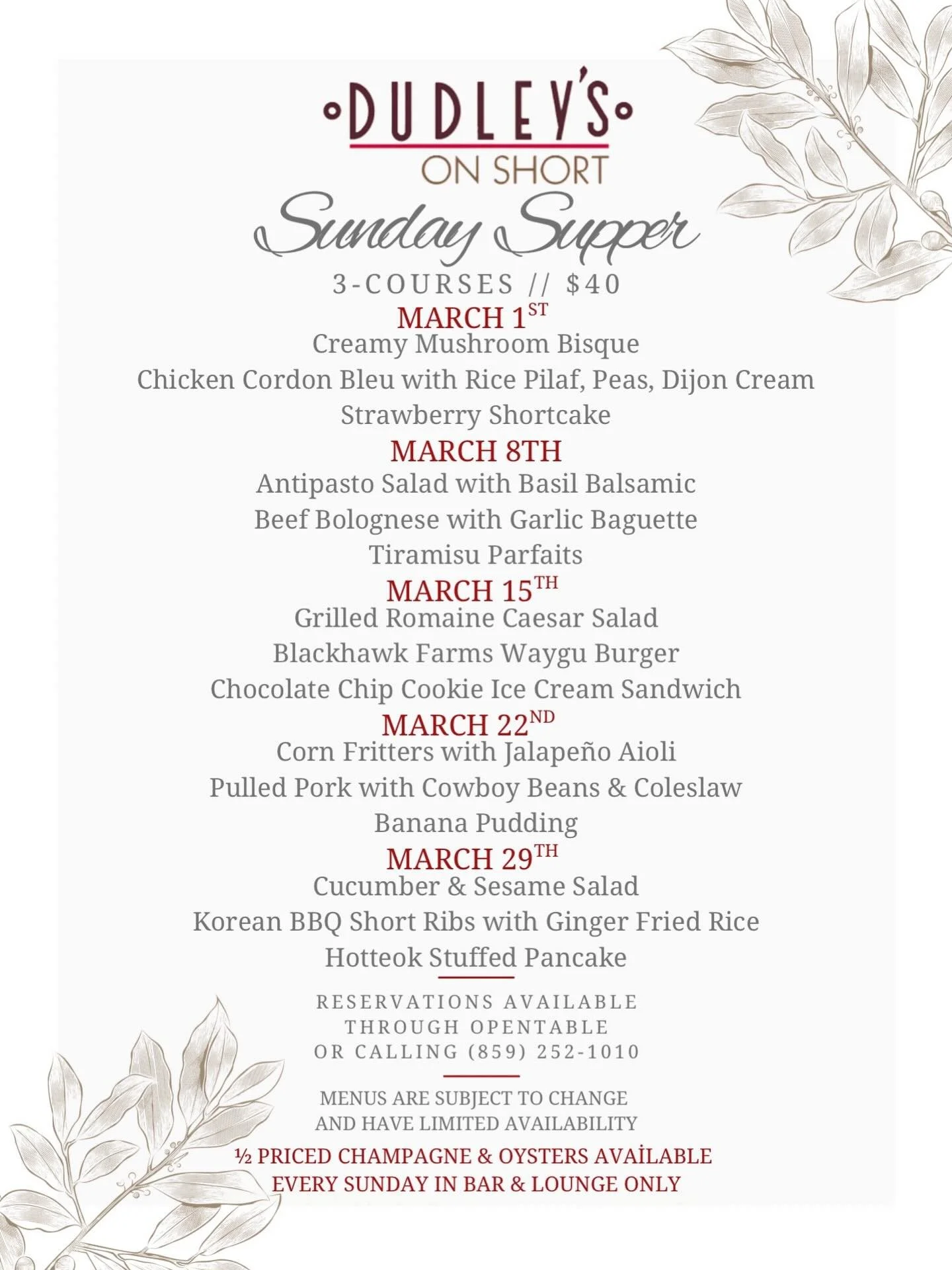 Sunday Supper just got a whole lot better! Chef Hannah Coffey's March menus are here! Make sure to reserve your spot through OpenTable or give us a call at (859) 252-1010 - don't wait, quantities are limited!

#dudleysonshort #visitlex #lexeats #lext