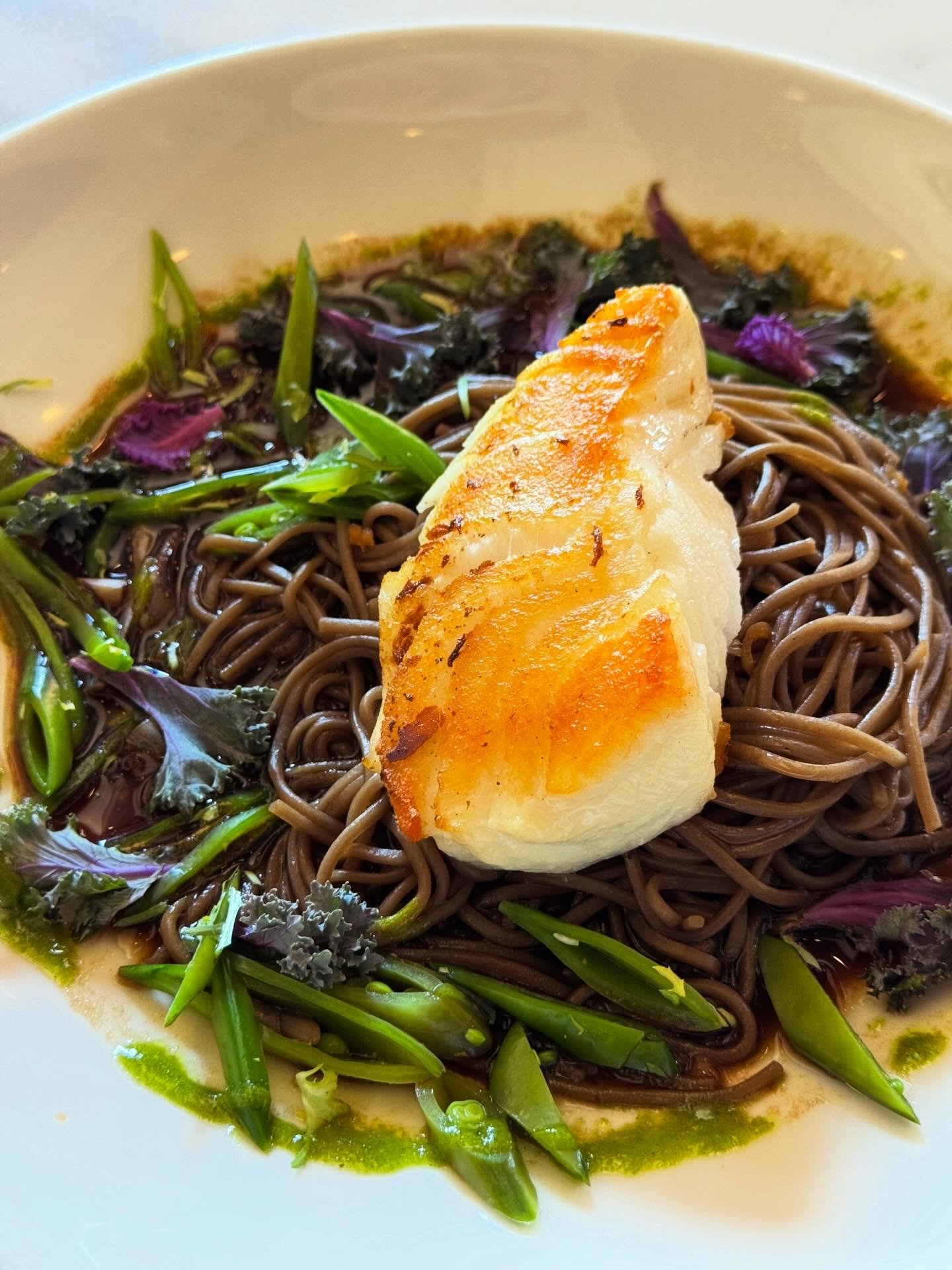 Tonight&rsquo;s fish special is Seared Chilean Seabass over black garlic &amp; ramp ponzu, buckwheat soba noodle, snap peas, cilantro &amp; ginger oil. Make sure to make your reservation for after the day at the track by calling us at (859) 252-1010 