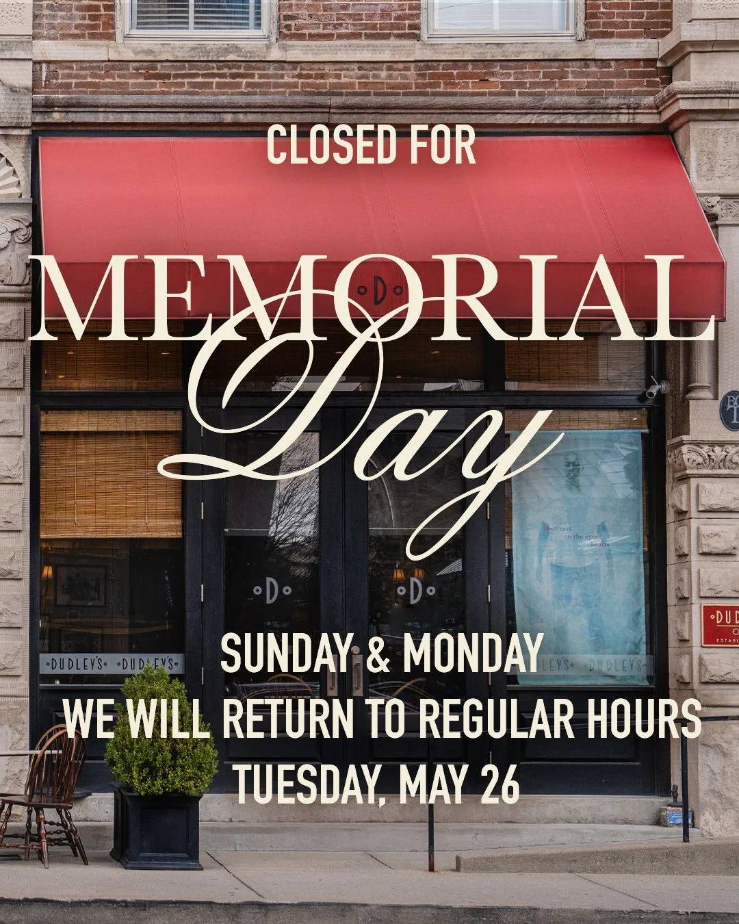 Grab your favorite dish early! We will be closed Sunday and Monday for Memorial Day and will resume normal business hours on Tuesday, ready to to kick off the summer season on our patio!⁠
⁠
We wish our community a safe and meaningful holiday!