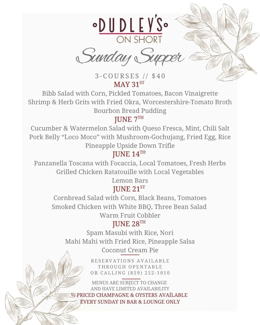 Sunday Suppers are back! Make sure to book your reservations to indulge in our 3-course menu for $40 every Sunday after 5:00 PM! ⁠
⁠
#dudleysonshort #local #visitlex #lexeats #lextoday