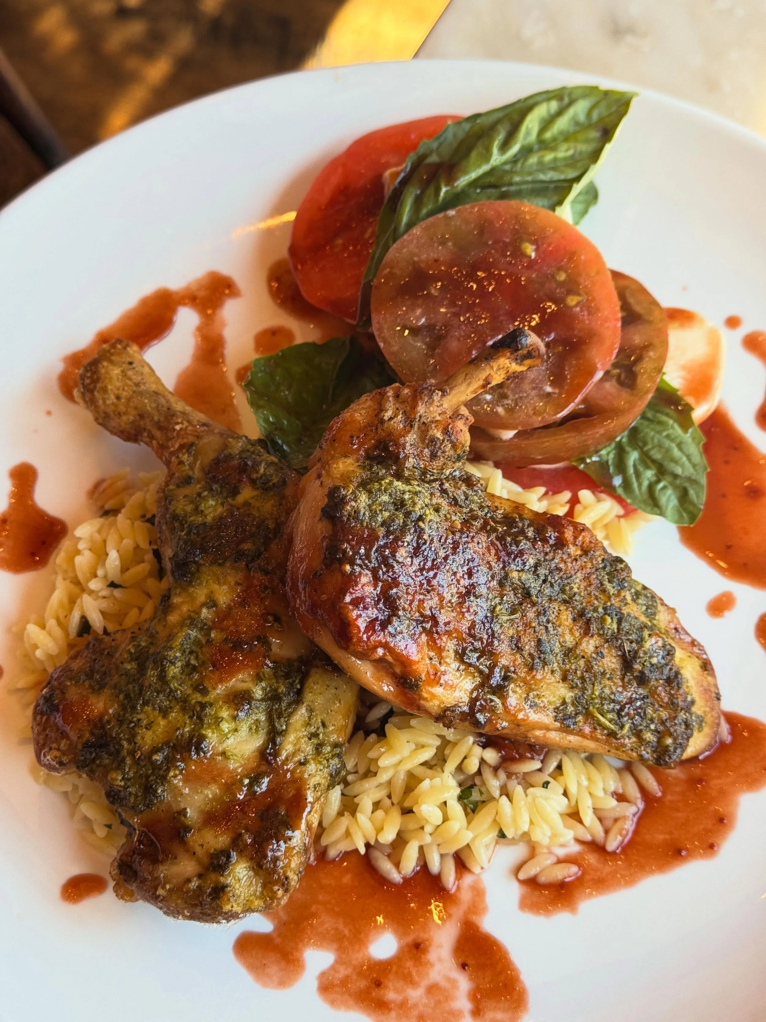 ‼️ NEW MENU ALERT ‼️ Chef Hannah has rolled out some new summer menu features that start tonight including

Pesto Rubbed Half-Chicken: herb orzo salad, local tomato, fresh mozzarella, basil, strawberry-balsamic reduction

Pork Chop: jalapeno cornbrea