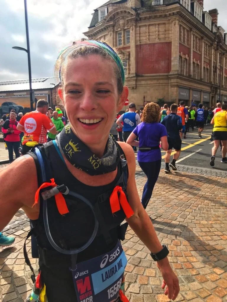 Our first team member Laura, looking glorious at Manchester marathon.