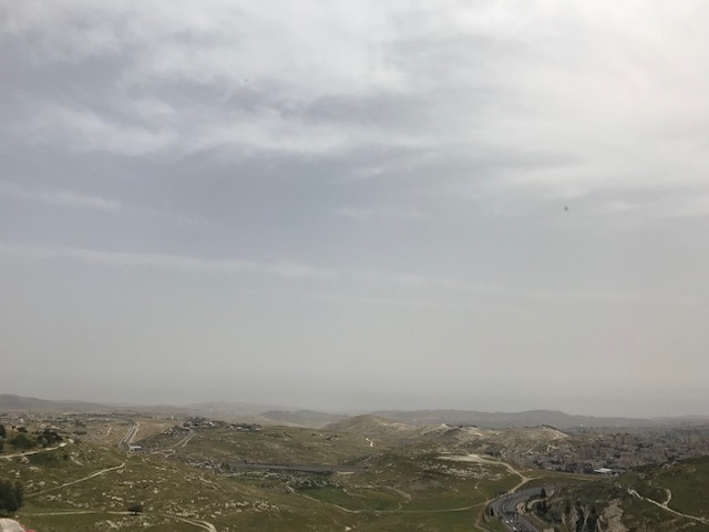 View in the distance of the hills of Ammon, Jordan, from the Mount of Olives.