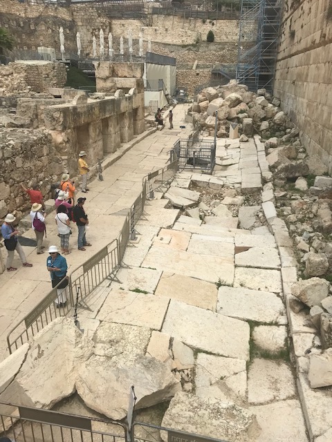 Stones from the second Temple lie where they fell following the Romans’ destruction of it in 70 AD (see top of photo). According to our guide, Jesus probably walked on this wide street within the Temple precincts during one of his visits to Jerusalem.