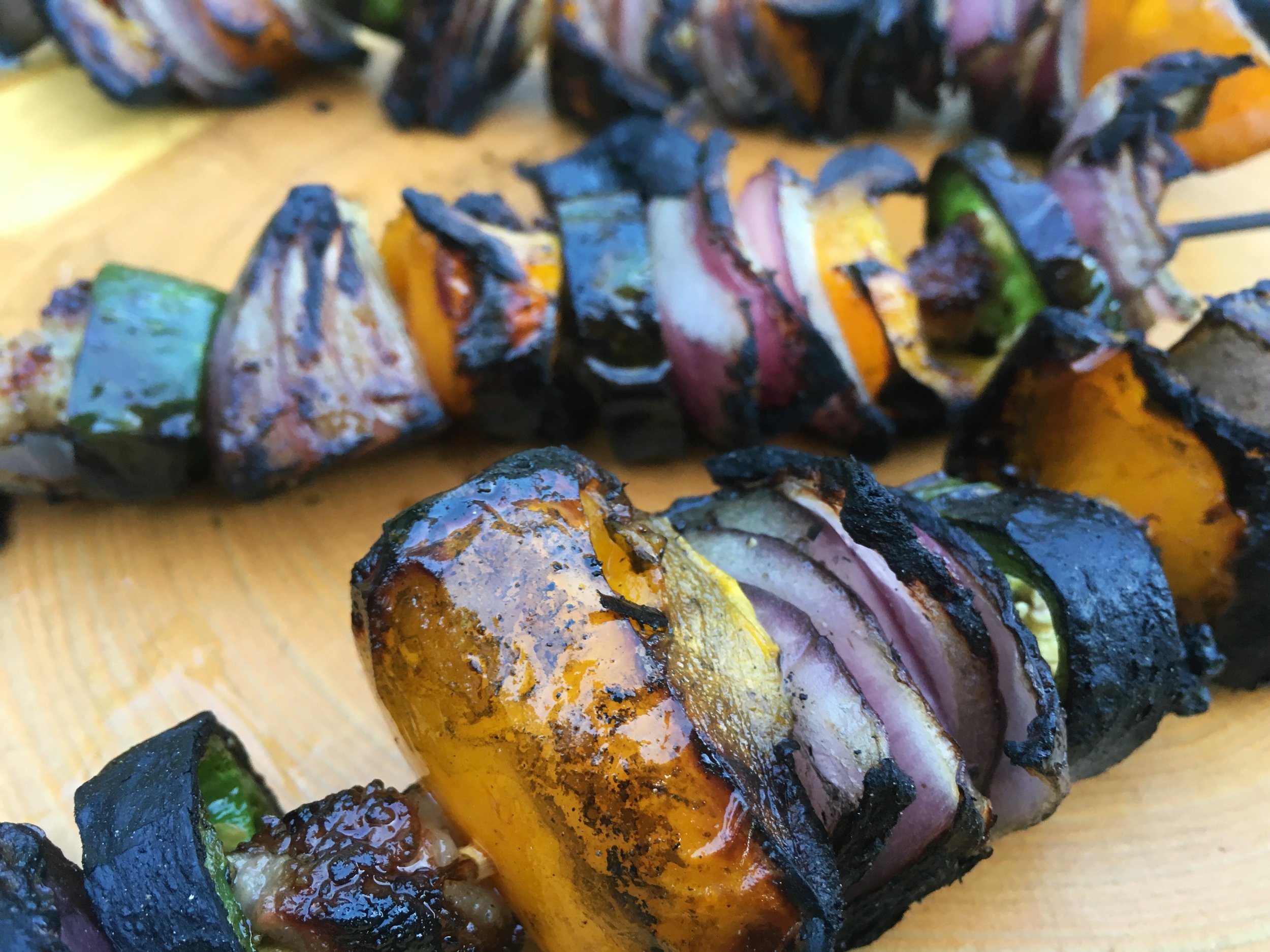 grilled vegetable skewers with jalapenos, duck fat, yellow peppers and red onions