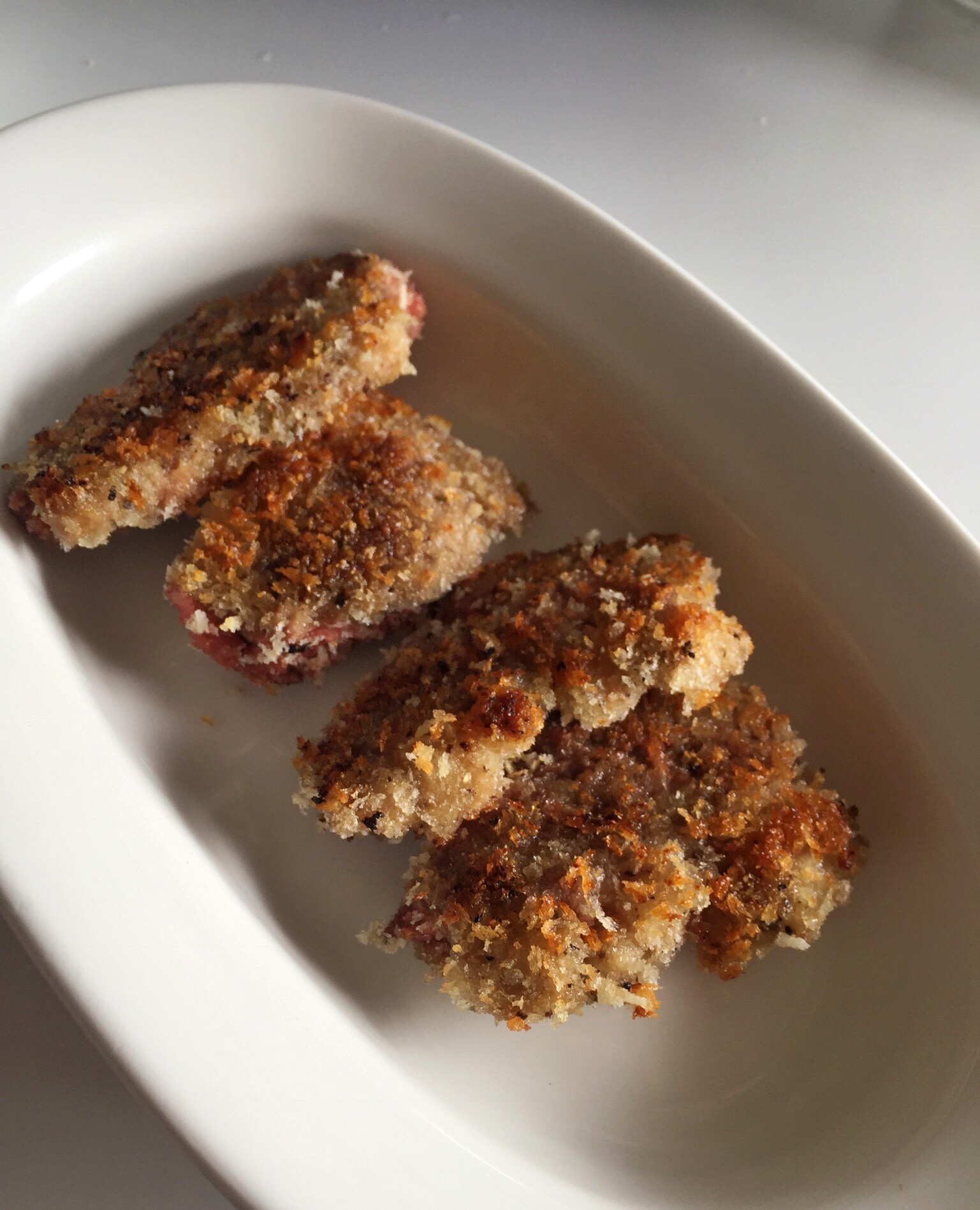 pan seared Panko-crusted moulard duck breast medallions 