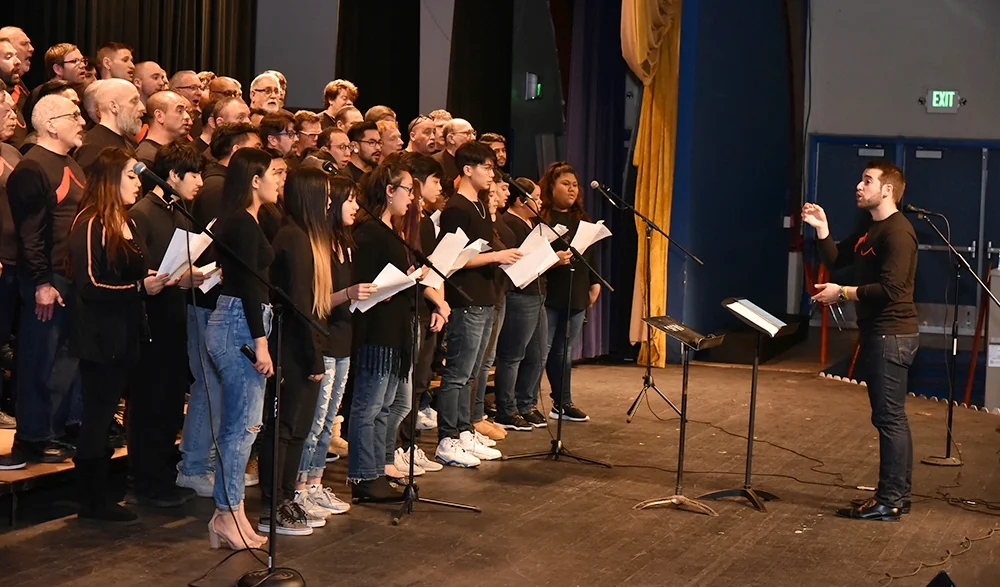 Students in the South San Francisco High School Choir join SFGMC in singing "You Have More Friends Than You Know" during a RHYTHM performance. Photo: Gareth Gooch