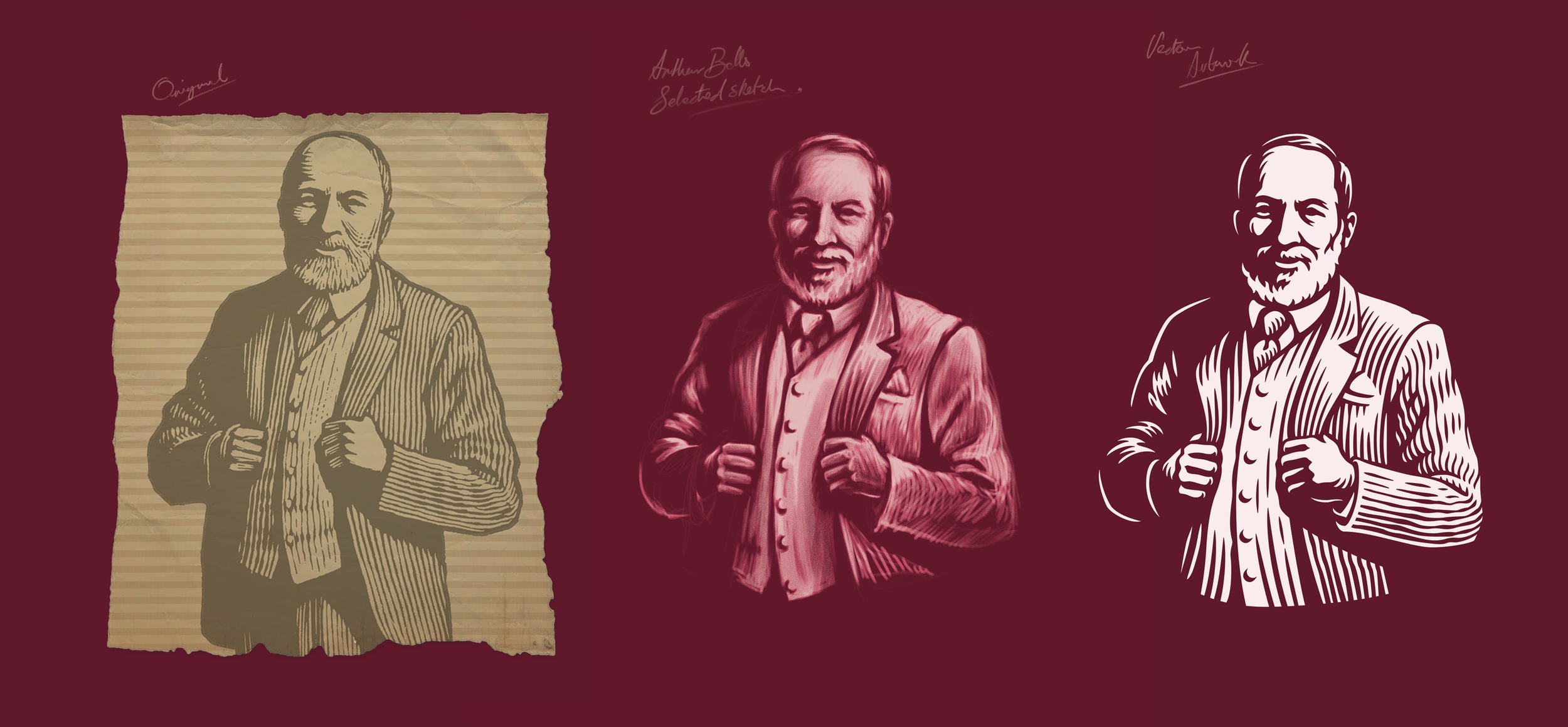 The portrait of Arthur Bell was redrawn in a single colour, making sure to maintain his likeness while introducing a bold, contemporary woodcut finish. This helped the images legibility at smaller sizes and across various print applications.